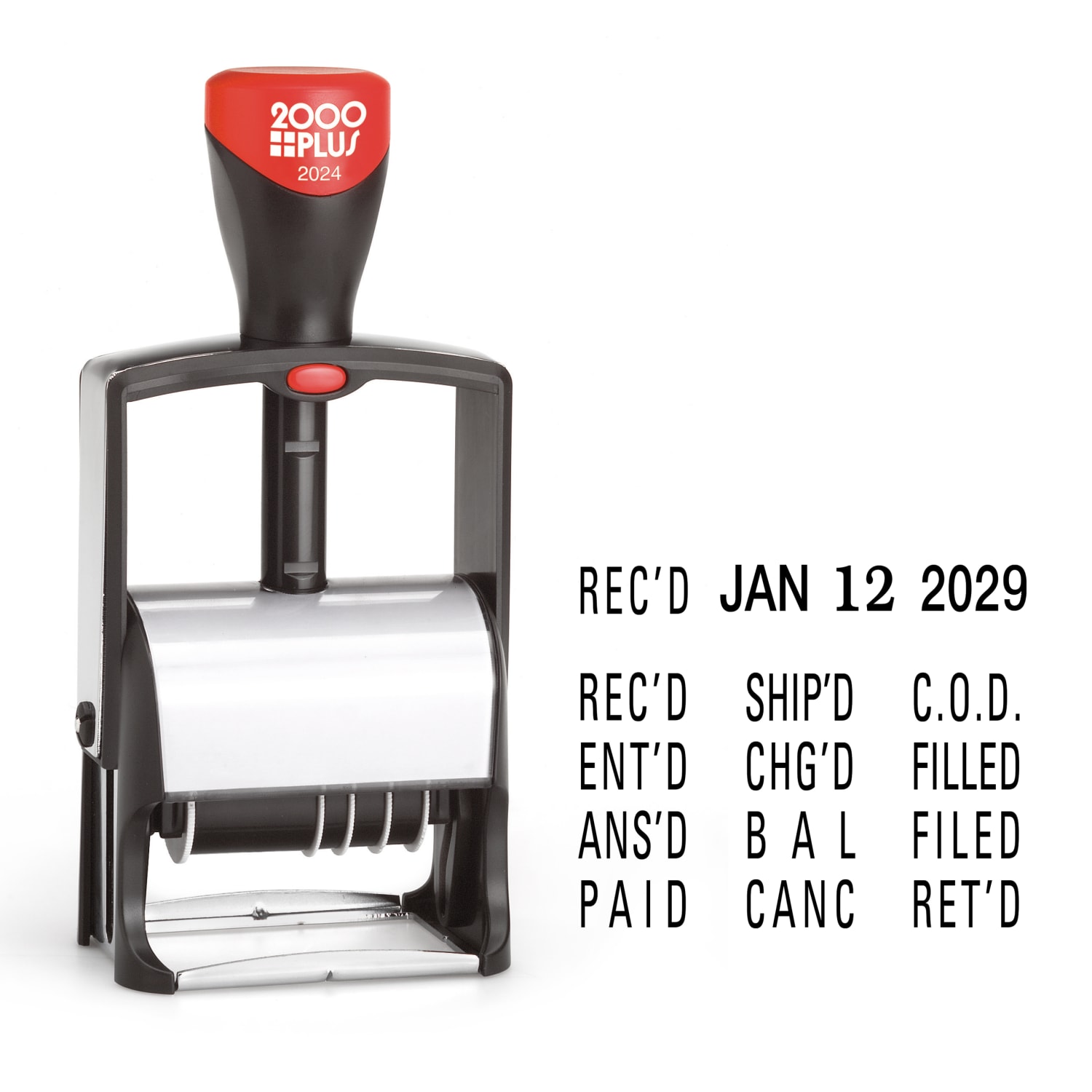 2000 PLUS Date Phrase Dater Heavy Duty Self-Inking 12-in-1 Date Phrase Dater, 12 Phrases,  REC-d, ANS-d, ENT-d, PAID, BAL, CHG-d, SHIP-d, RET-d, C.O.D, CANC, FILLED and FILED, 1 3/4in x 1/4in Impression, Black Ink - Image 3