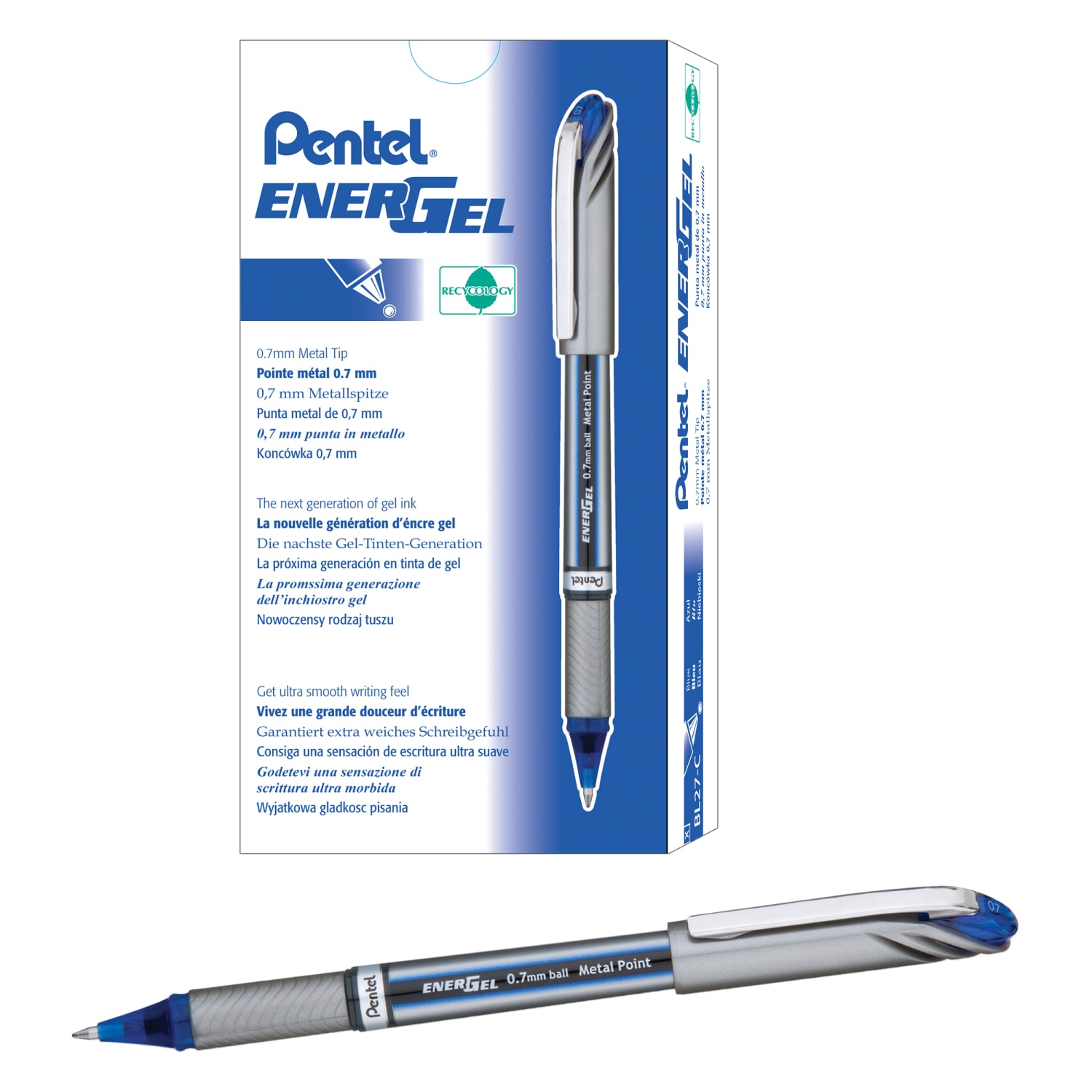 Pentel EnerGel NV Liquid Gel Pens, Medium Point, 0.7 mm, Blue Ink, Pack Of 12 Pens