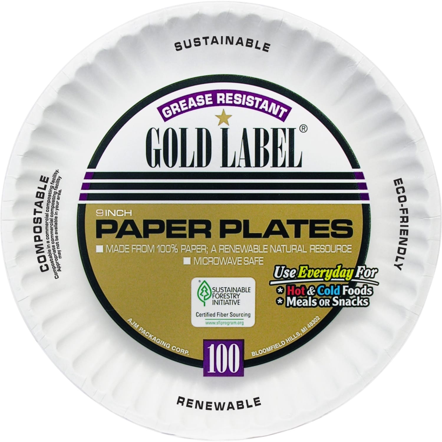 AJM Premium Gold Label Coated Paper Plates, 9in Diameter, White, Pack Of 100 - Image 3