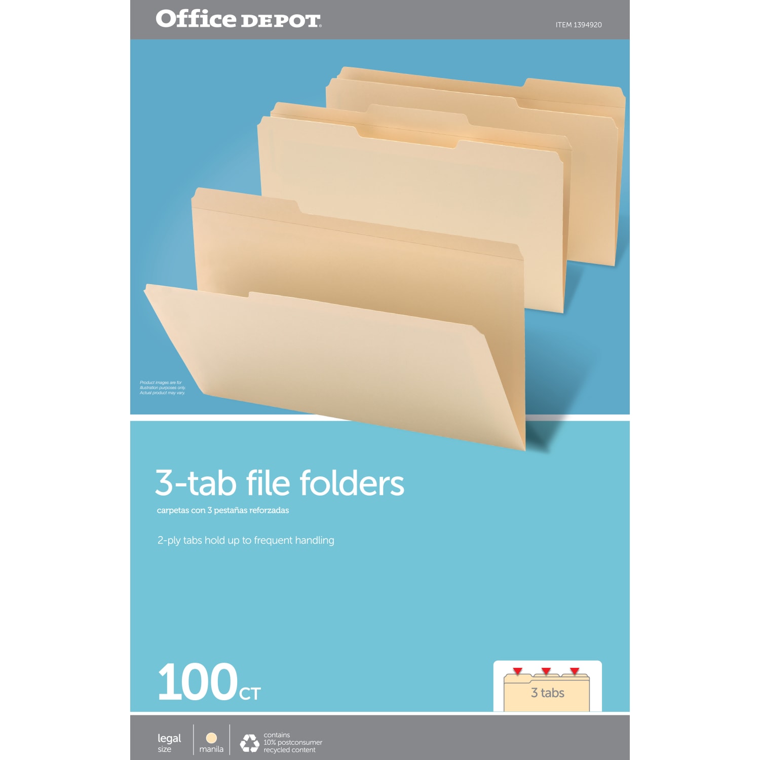 Office Depot Brand Reinforced File Folders, 1/3-Cut Tabs, Legal Size, Manila, Box Of 100 - Image 3