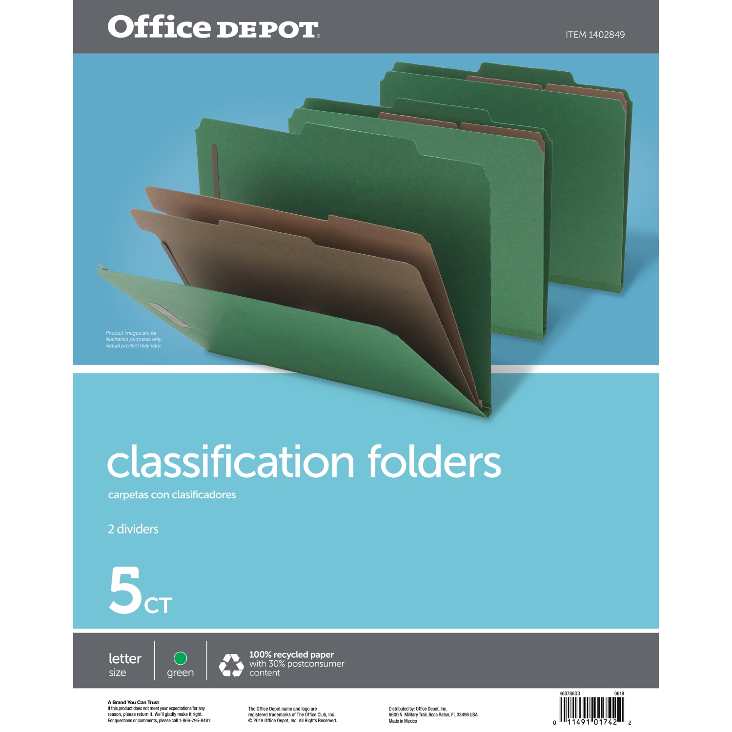 Office Depot Brand Classification Folders, 2 1/2in Expansion, Letter Size, 2 Dividers, 83% Recycled, Light Green, Pack Of 5 Folders - Image 3