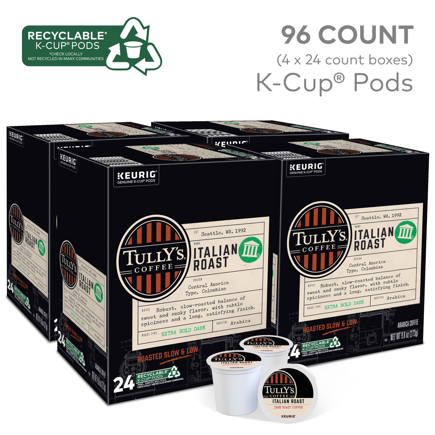 Tullys Coffee Italian Roast Keurig Single-Serve K-Cup Pods, Dark Roast, 24 Pods Per Pack, Case Of 4 Packs - Image 3