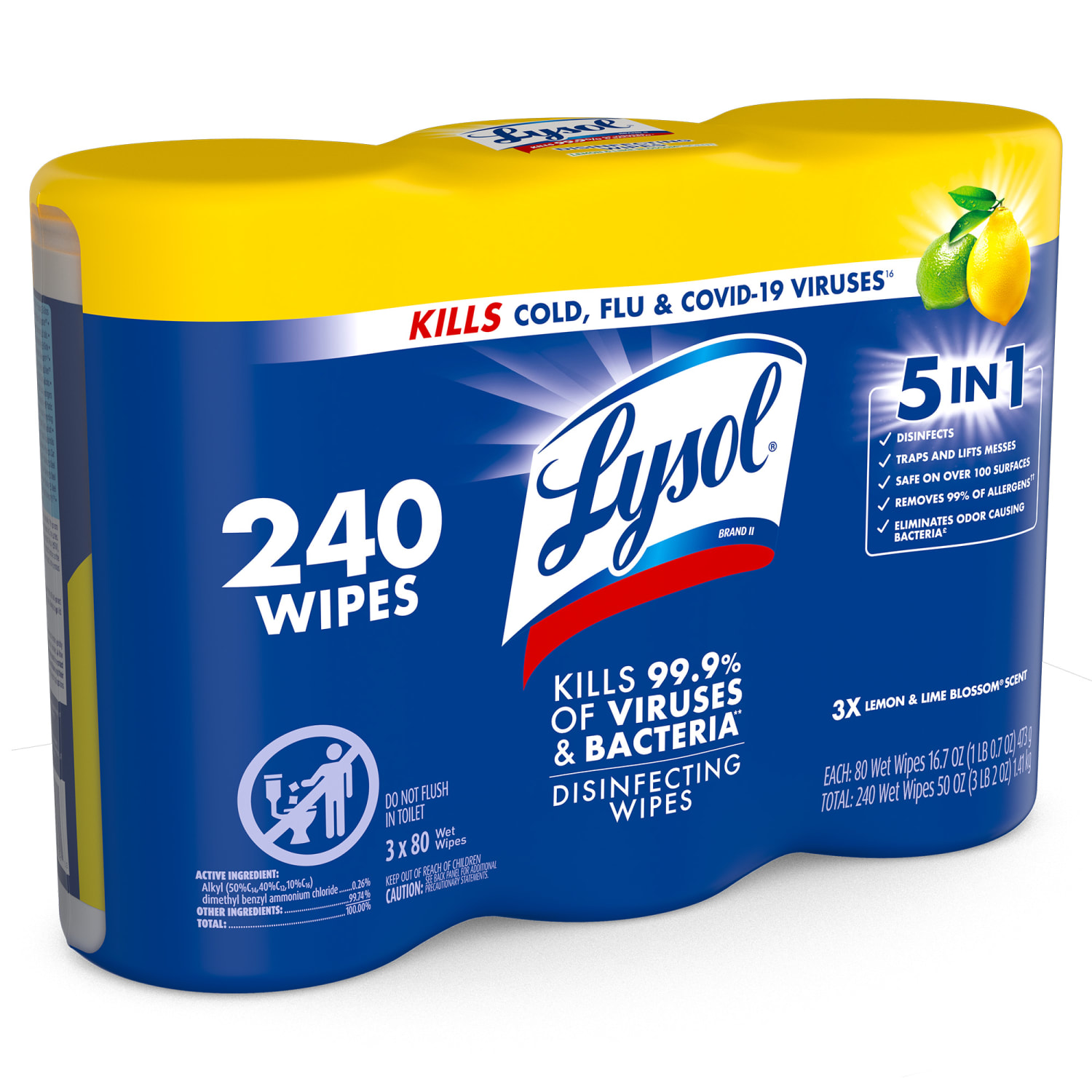 Lysol Disinfecting Wipes, Lemon & Lime Blossom Scent, 7in x 8in, 80 Wipes Per Canister, Case Of 3 Canisters - Image 4