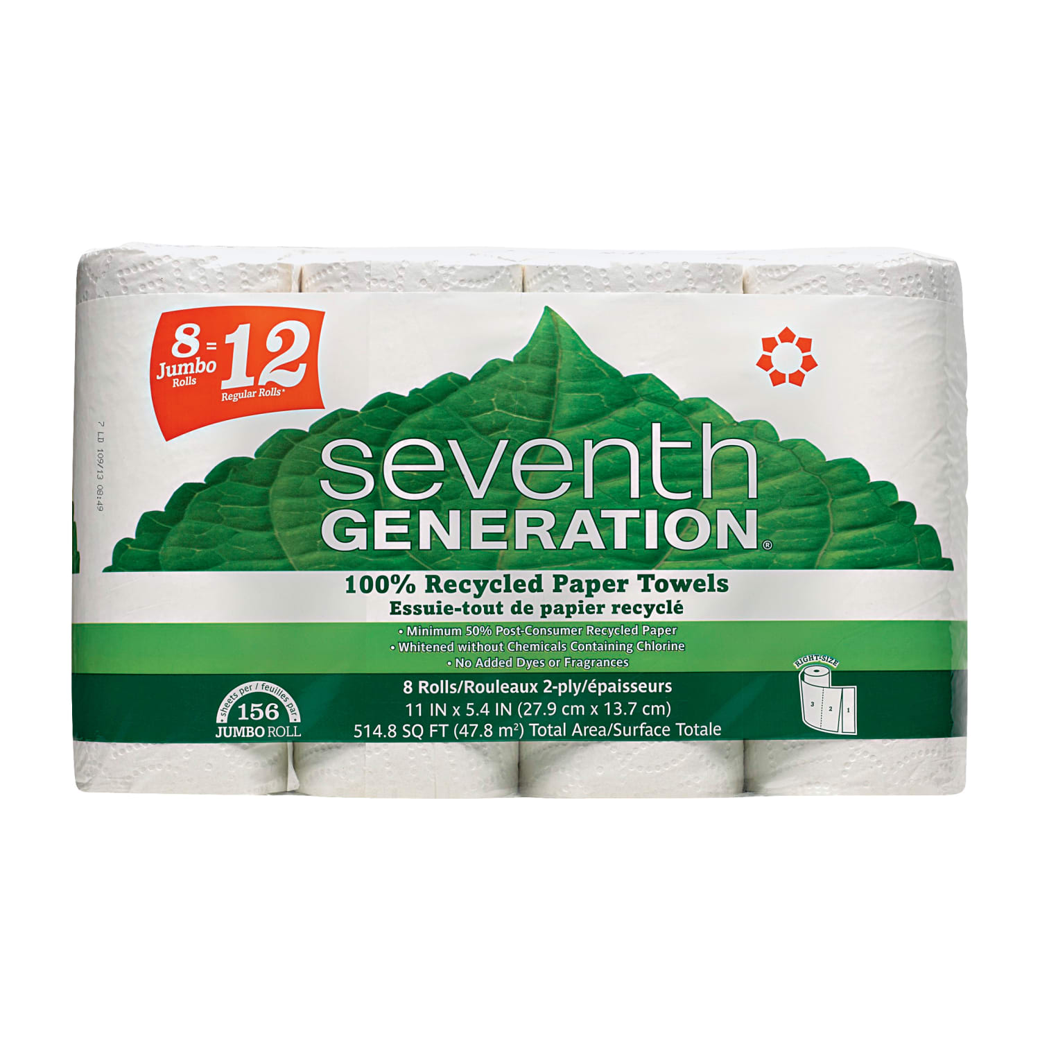 Seventh Generation 100% Recycled Paper Towels - 2 Ply - 156 Sheets/Roll - White - Paper - Absorbent, Chlorin - 0