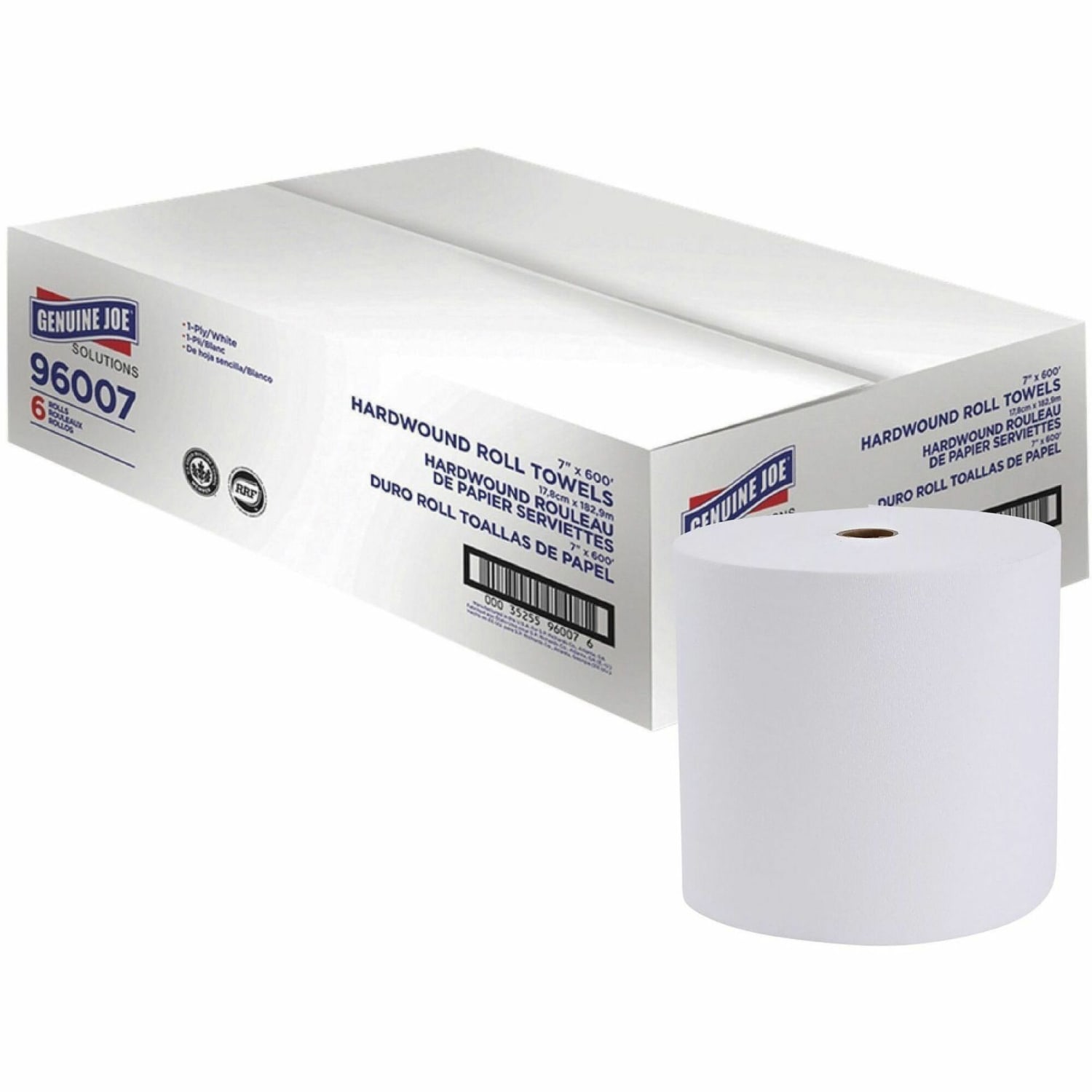 Genuine Joe Solutions 1-ply Hardwound Towels - 1 Ply - 7in Width x 600 ft Length - 63/64in Core - White - Virgin Fiber - 6 / Carton