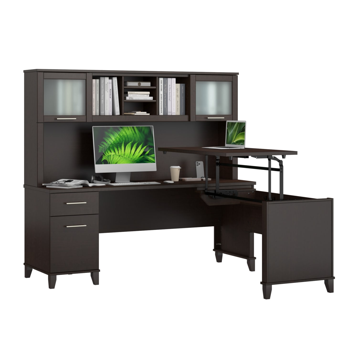 Bush Furniture Somerset 3 Position Sit to Stand L Shaped Desk With Hutch, 72inW, Mocha Cherry, Standard Delivery - Image 3