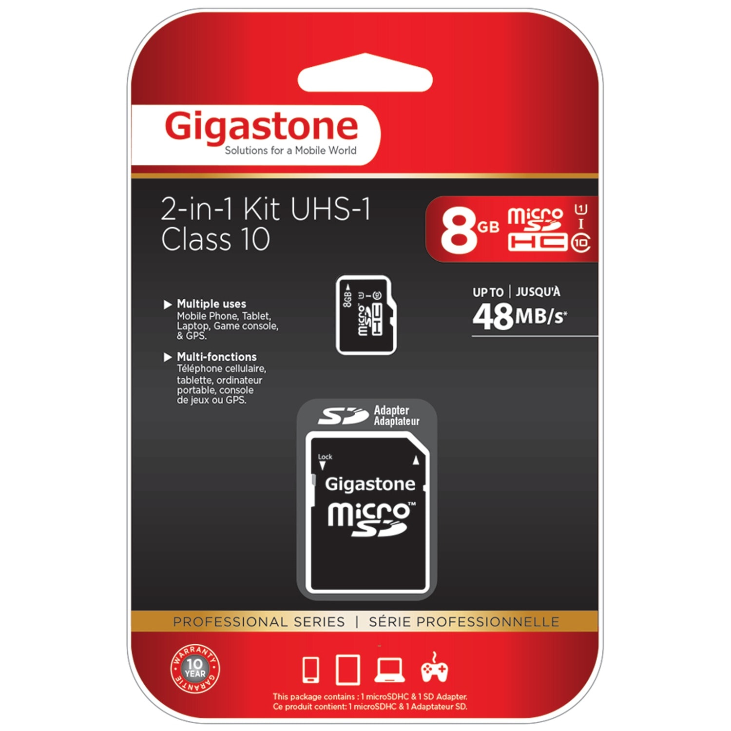 Gigastone Class 10/UHS-1 microSDHC Card And SD Adapter, 8GB, DEM2IN1C1008GR