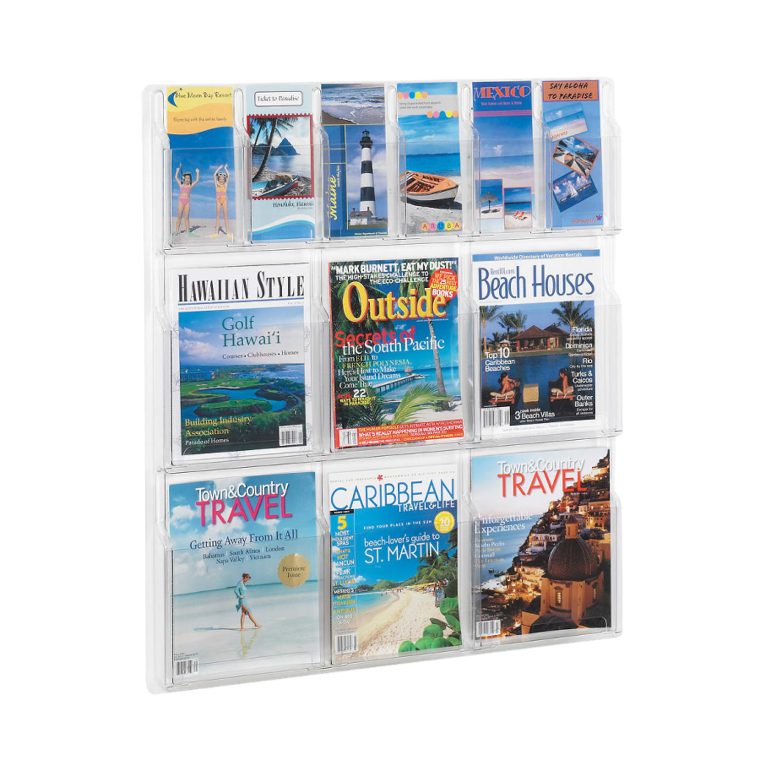 Clear Literature Rack, Combination, 6 Magazine Pockets, 6 Pamphlet Pockets