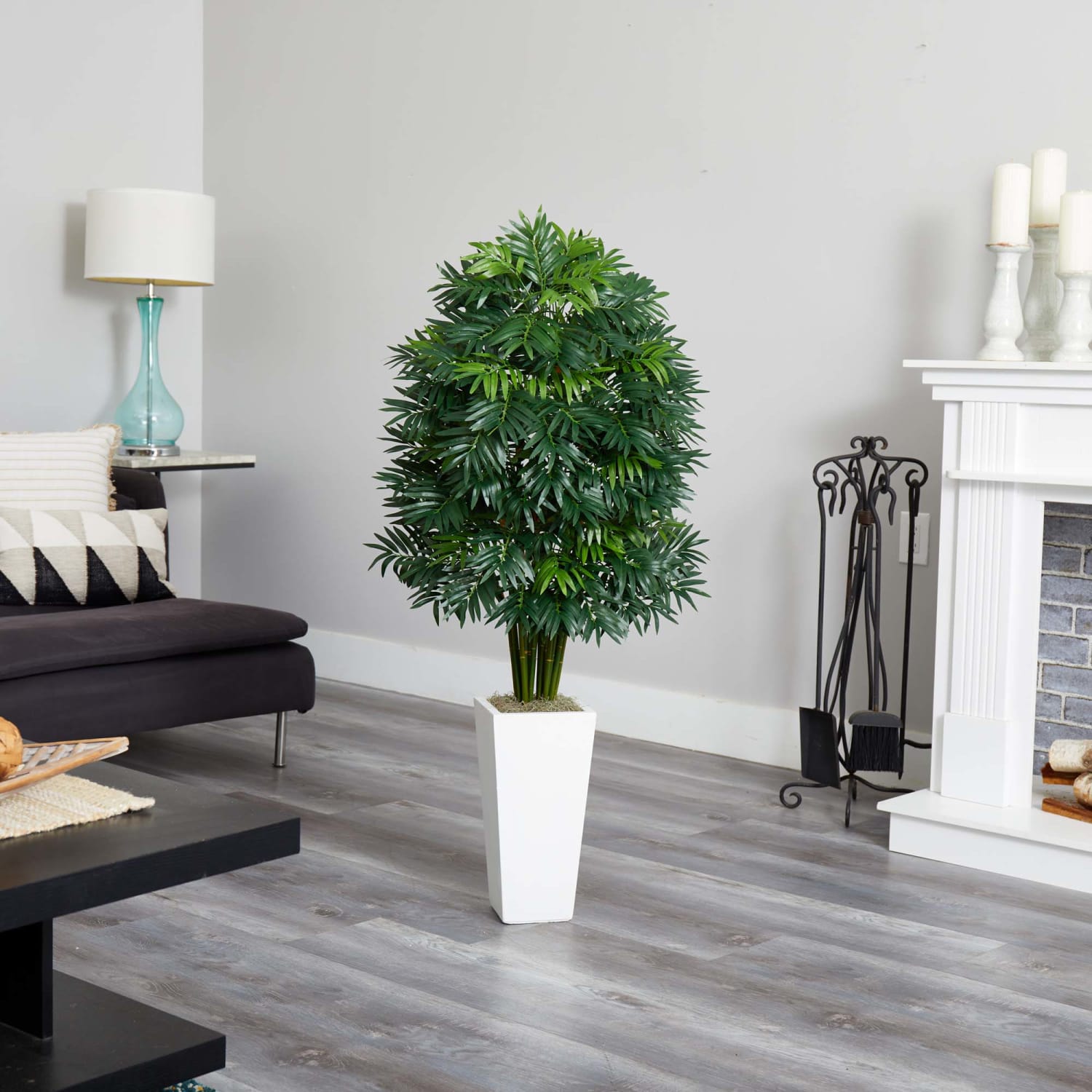 Nearly Natural Mini Bamboo Palm 49in Artificial Plant With Tower Planter, Green/White - Image 4