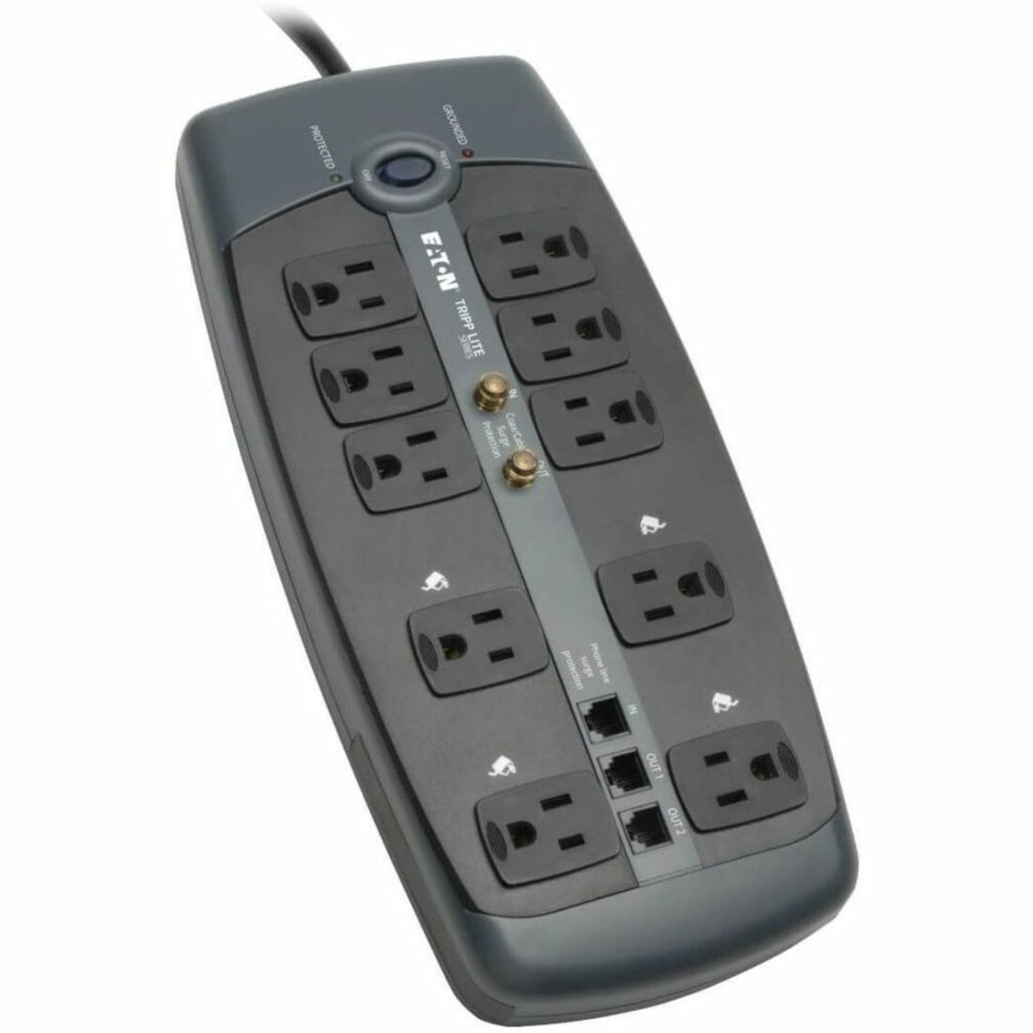Eaton Tripp Lite Series Protect It! 10-Outlet Surge Protector, 8-ft. Cord, 3345 Joules, Tel/Modem/Coaxial Protection - TLP1008TELTV