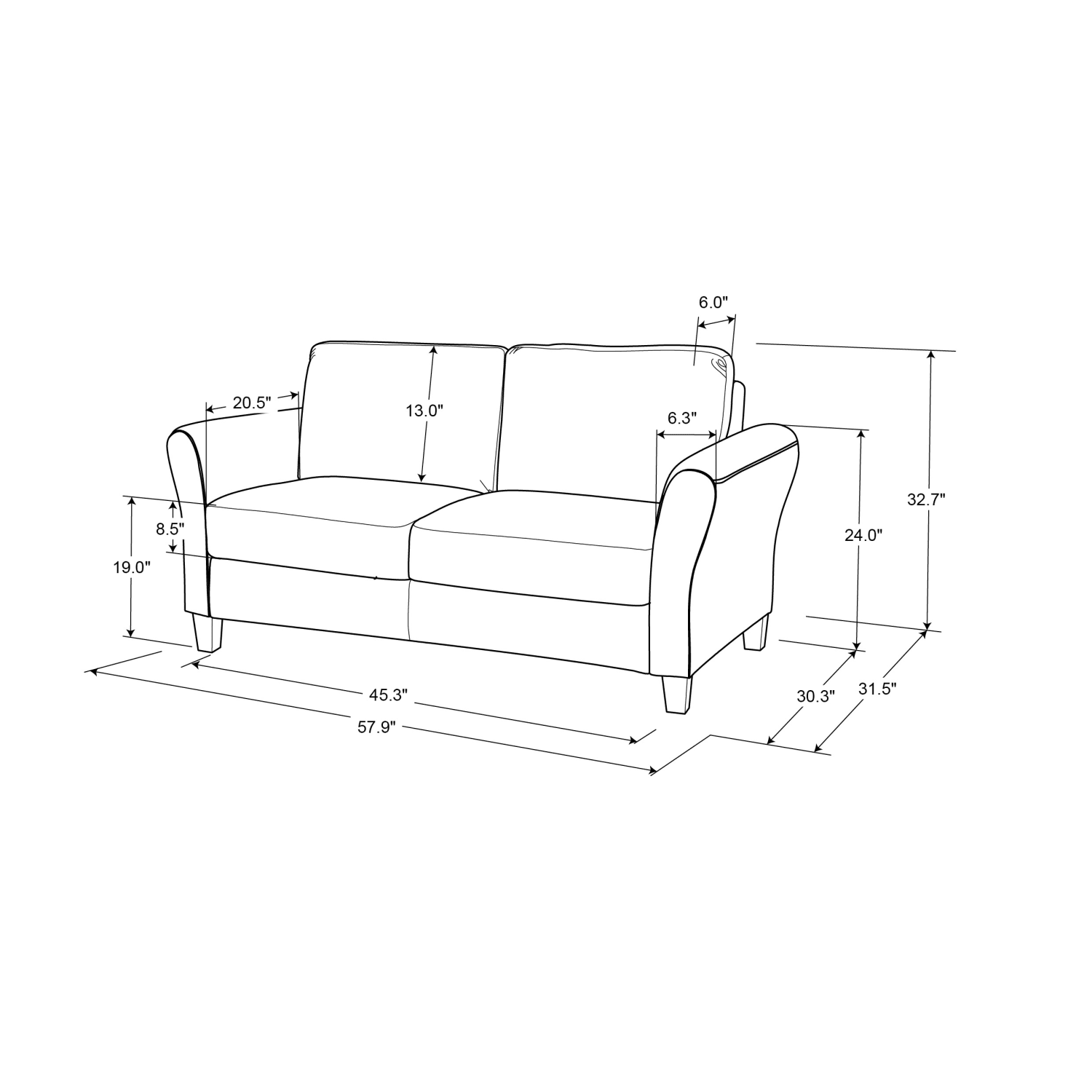 Lifestyle Solutions Winslow Loveseat With Rolled Arms, 32-3/4inH x 59-9/10inW x 31-1/2inD, Blue - Image 10
