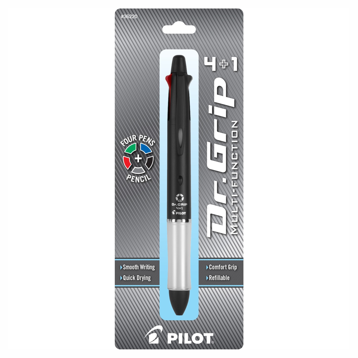 Pilot Dr. Grip 4+1 Multifunction Ballpoint Pen And Pencil, Fine Point, 0.7 mm, Black Barrel, Assorted Color Ink - Image 3