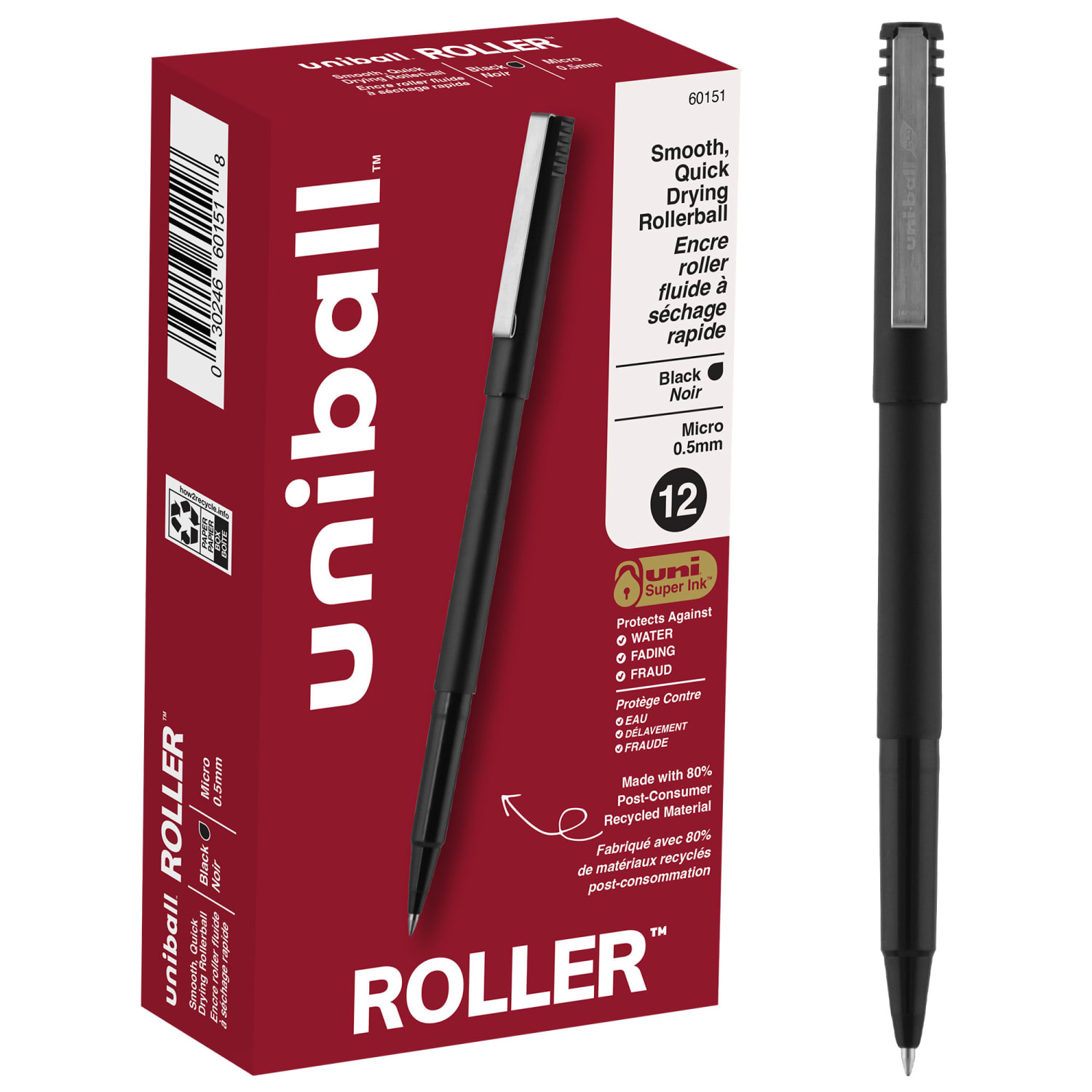 uni-ball Rollerball Pens, Micro Point, 0.5 mm, 80% Recycled, Black Barrel, Black Ink, Pack Of 12 Pens