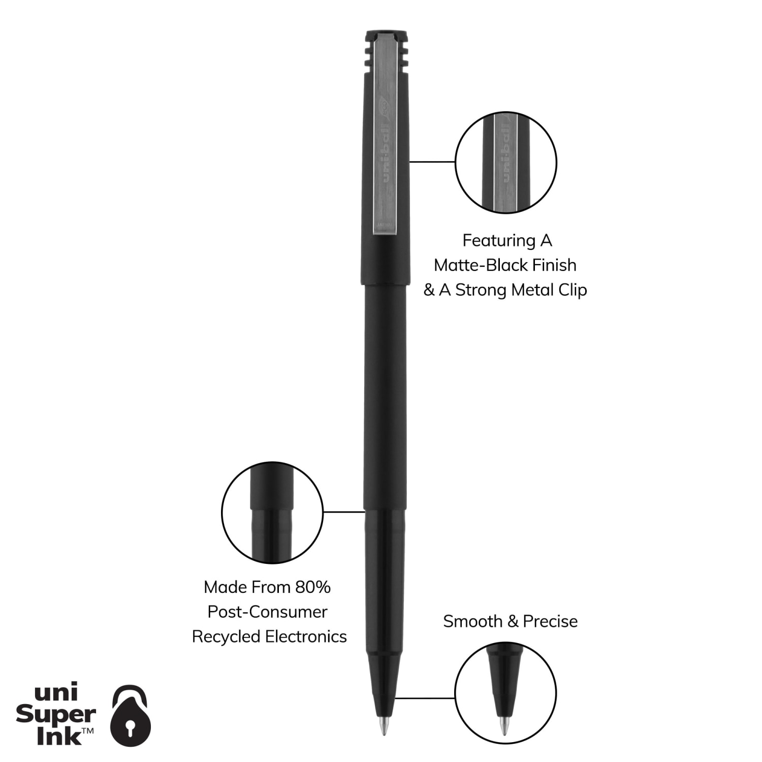 uni-ball Rollerball Pens, Micro Point, 0.5 mm, 80% Recycled, Black Barrel, Black Ink, Pack Of 12 Pens - Image 4