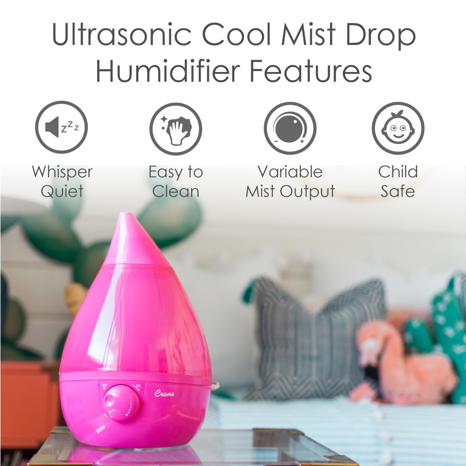 Crane Drop Ultrasonic Cool Mist Humidifier, 1 Gallon, 8-5/8inH x 8-5/8inW x 13-3/8inD, Pink - Image 3