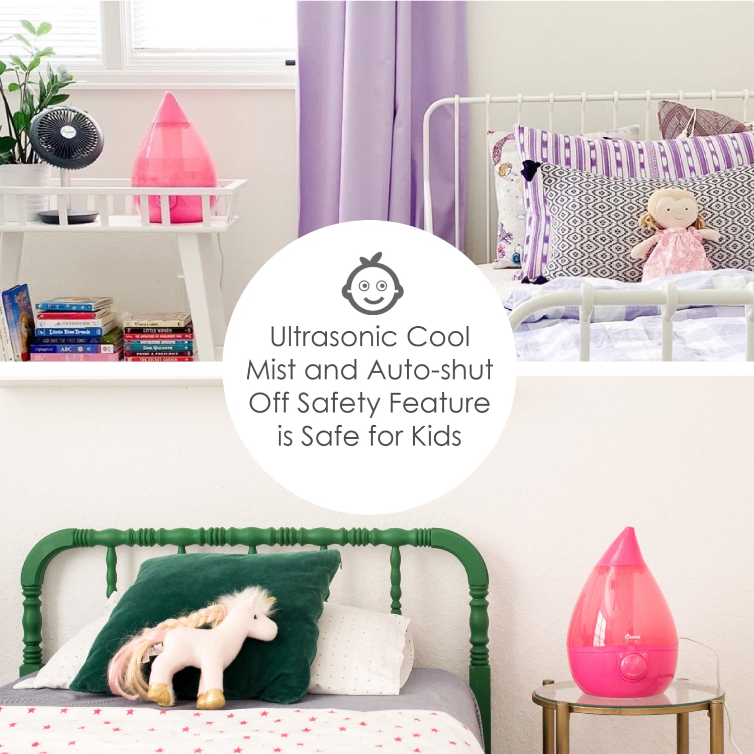 Crane Drop Ultrasonic Cool Mist Humidifier, 1 Gallon, 8-5/8inH x 8-5/8inW x 13-3/8inD, Pink - Image 4