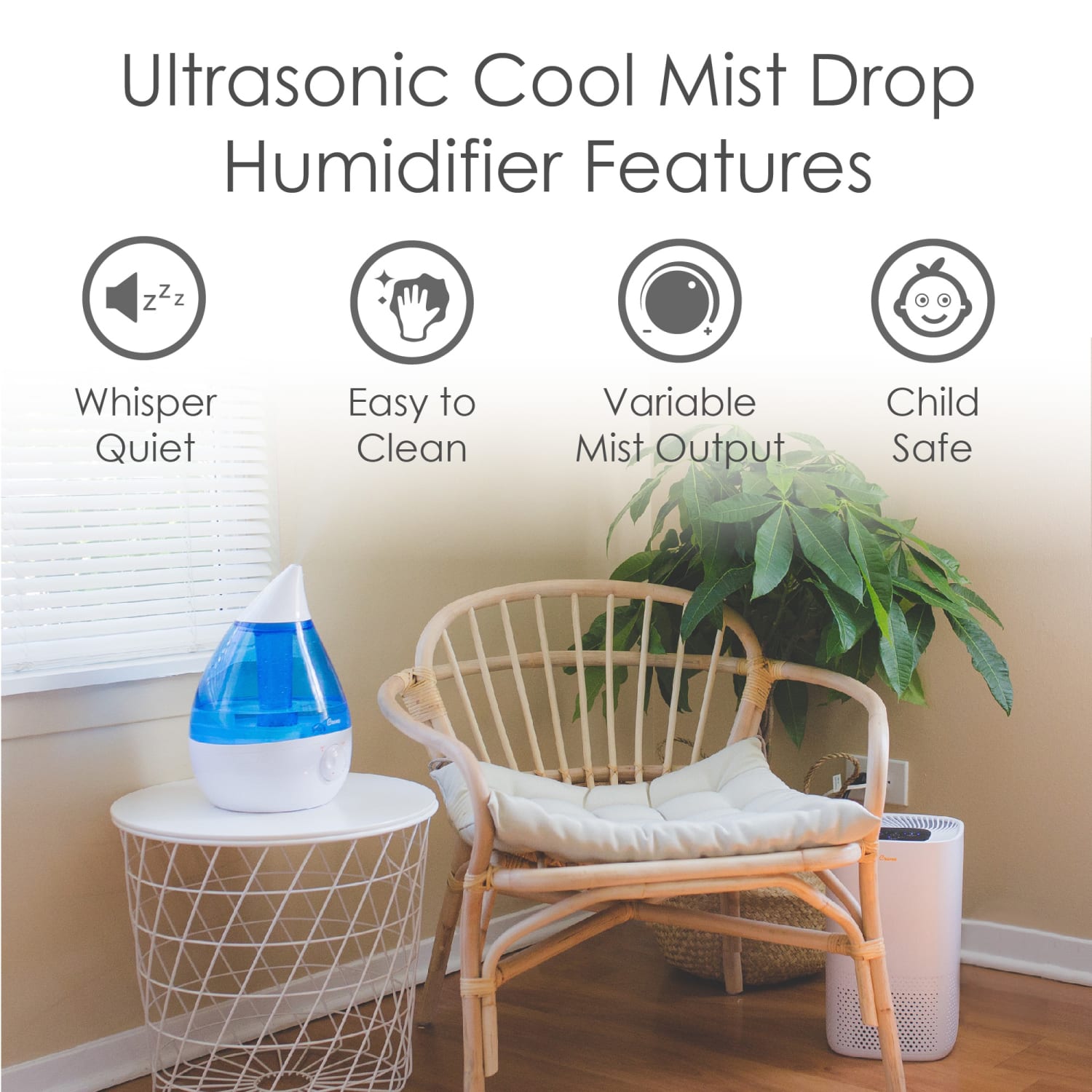 Crane Drop Ultrasonic Cool Mist Humidifier, 1 Gallon, 8-5/8inH x 8-5/8inW x 13-3/8inD, Blue/White - Image 3