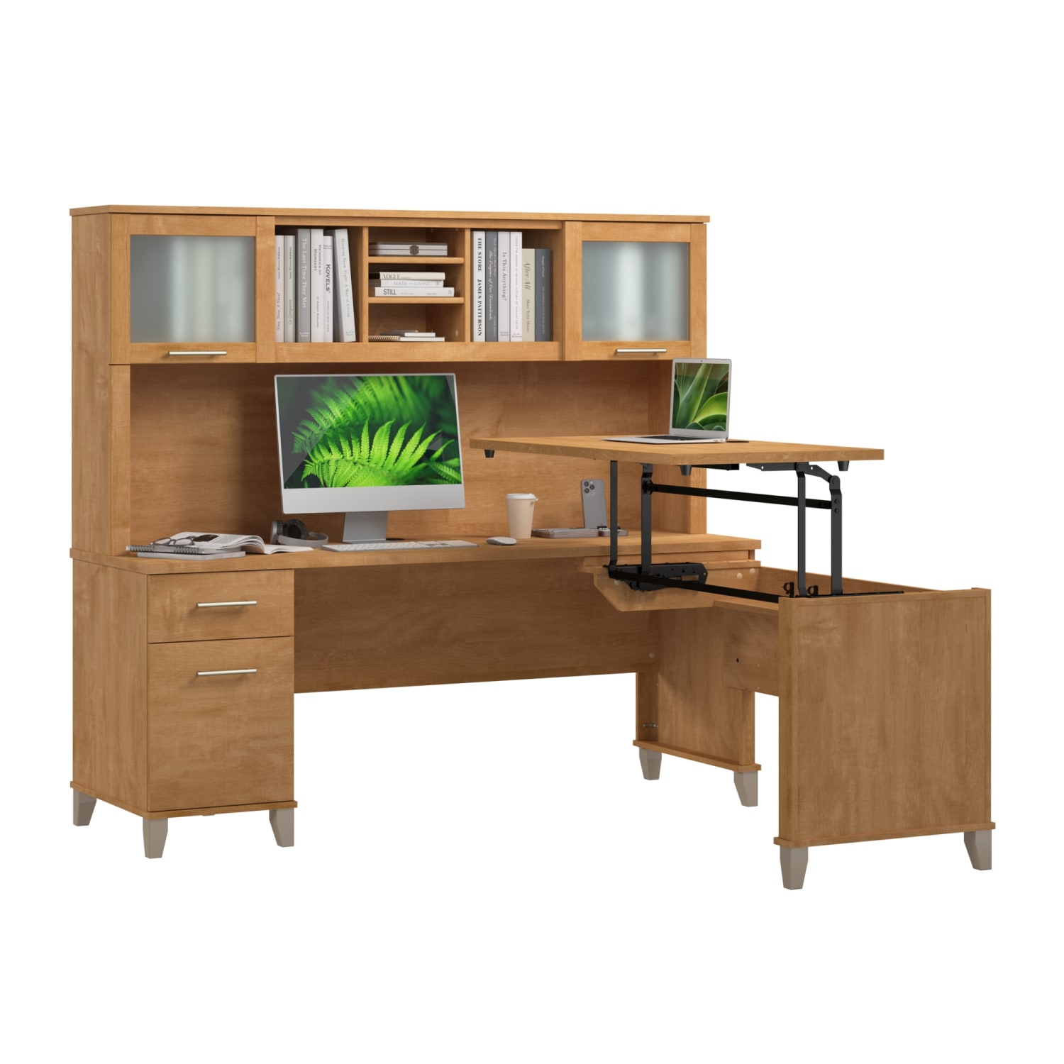Bush Furniture Somerset 3 Position Sit to Stand L Shaped Desk With Hutch, 72inW, Maple Cross, Standard Delivery - Image 3