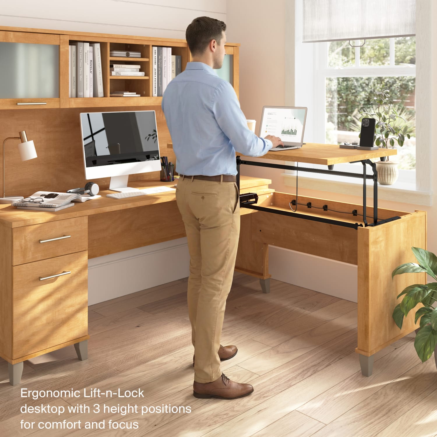 Bush Furniture Somerset 3 Position Sit to Stand L Shaped Desk With Hutch, 72inW, Maple Cross, Standard Delivery - Image 4