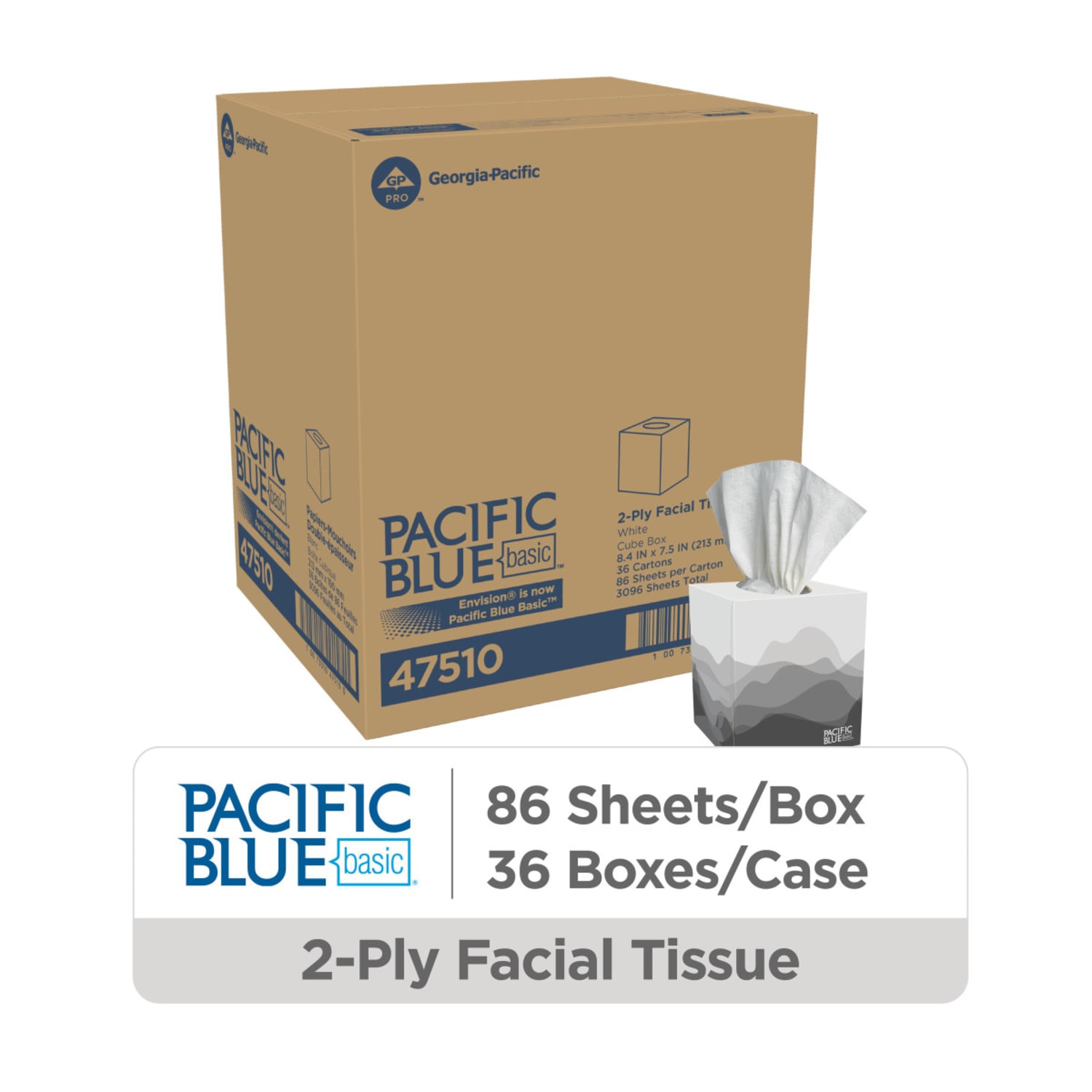 Pacific Blue Basic 2-Ply Facial Tissues, Cube Box, White, 100% Recycled Fiber, 86 Tissues Per Box, 36 Boxes Per Case - Image 3