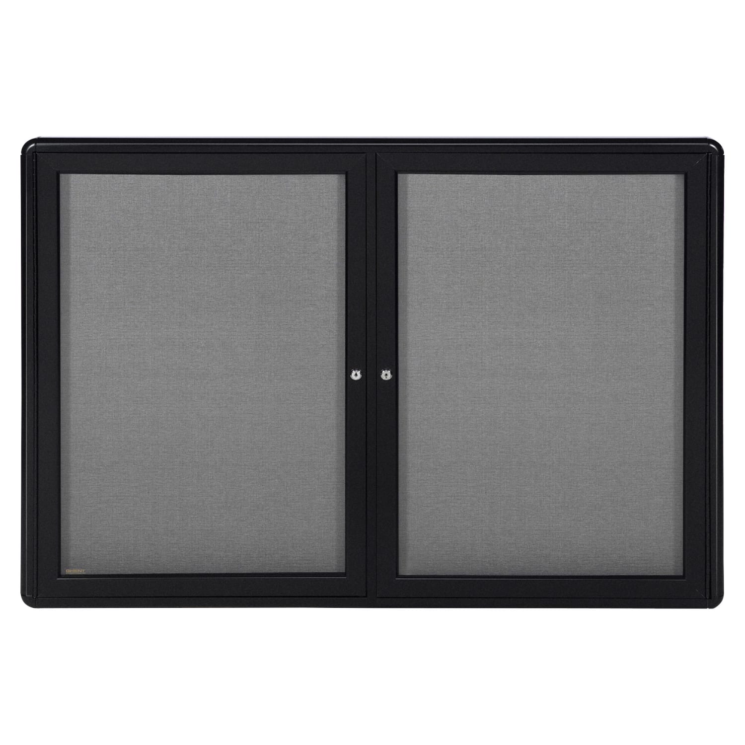Ghent Ovation 2-Door Enclosed Fabric Tackboard, 34in x 47in, Gray, Black Aluminum Frame