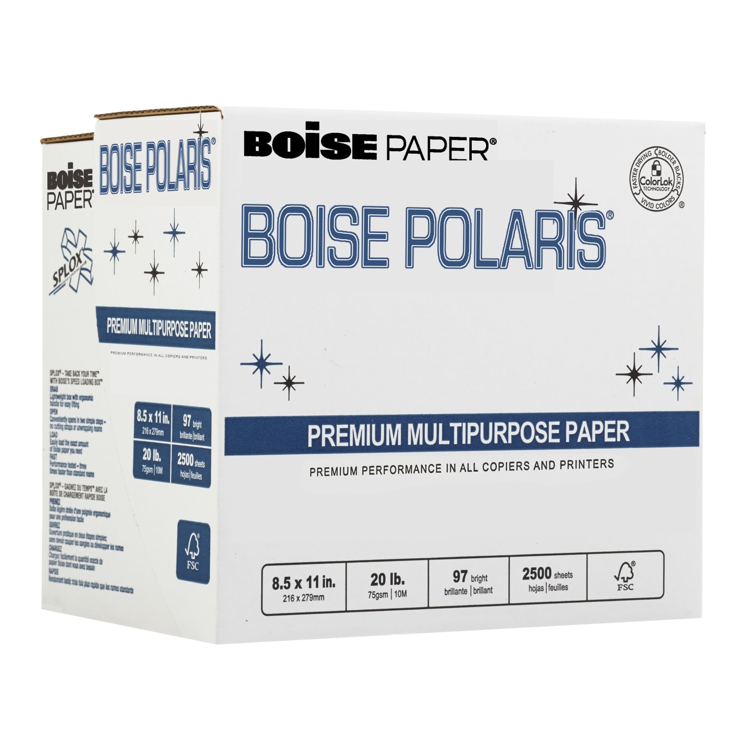 Boise SPLOX Speed-Loading Reamless Copy Paper, 5 Reams, White, Letter (8.5in x 11in), 2500 Sheets Per Case, 20 Lb, 97 Brightness, FSC Certified
