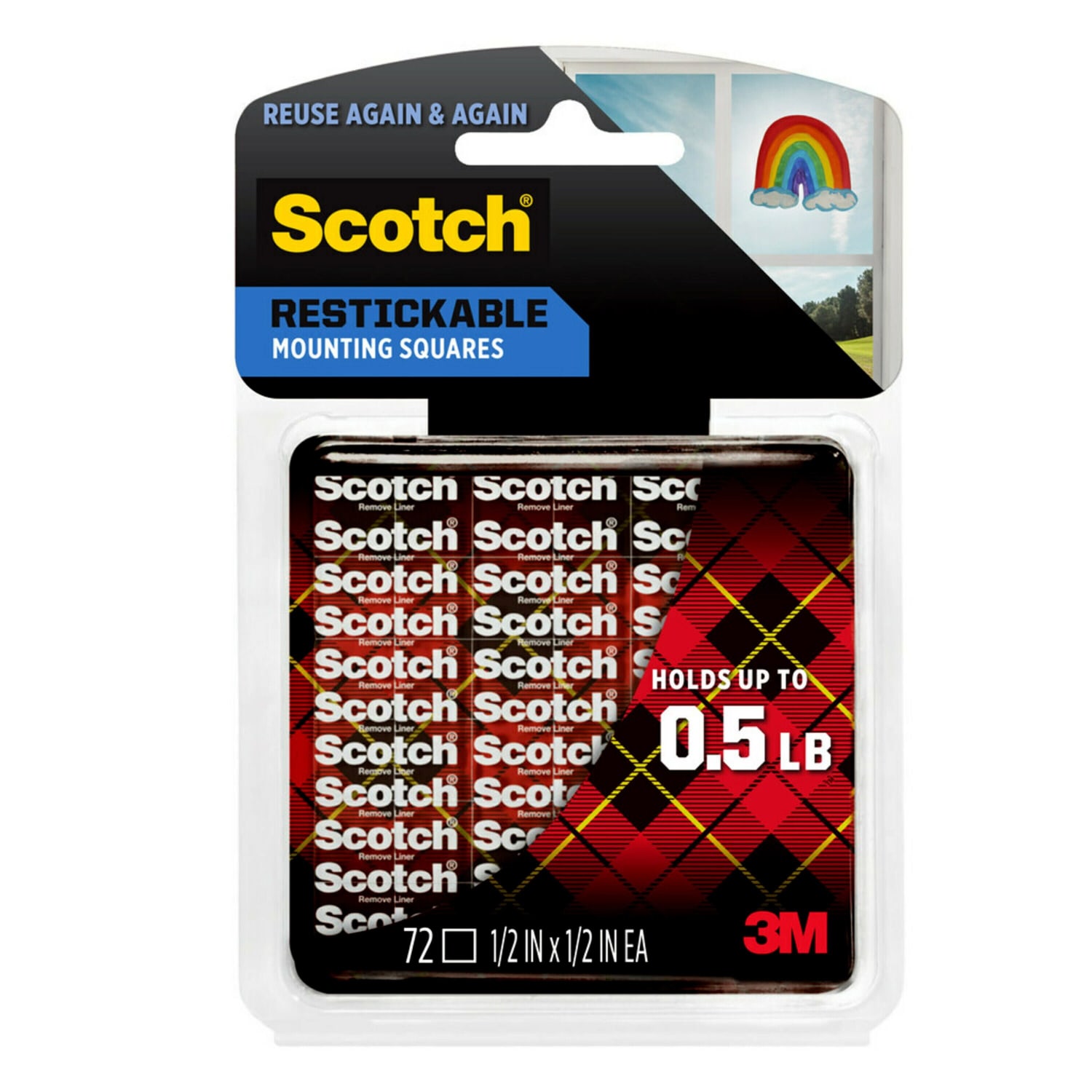 Scotch Restickable Mounting Squares , 1/2 in x 1/2 in (1.27 cm x 1.27 cm) 72/pk