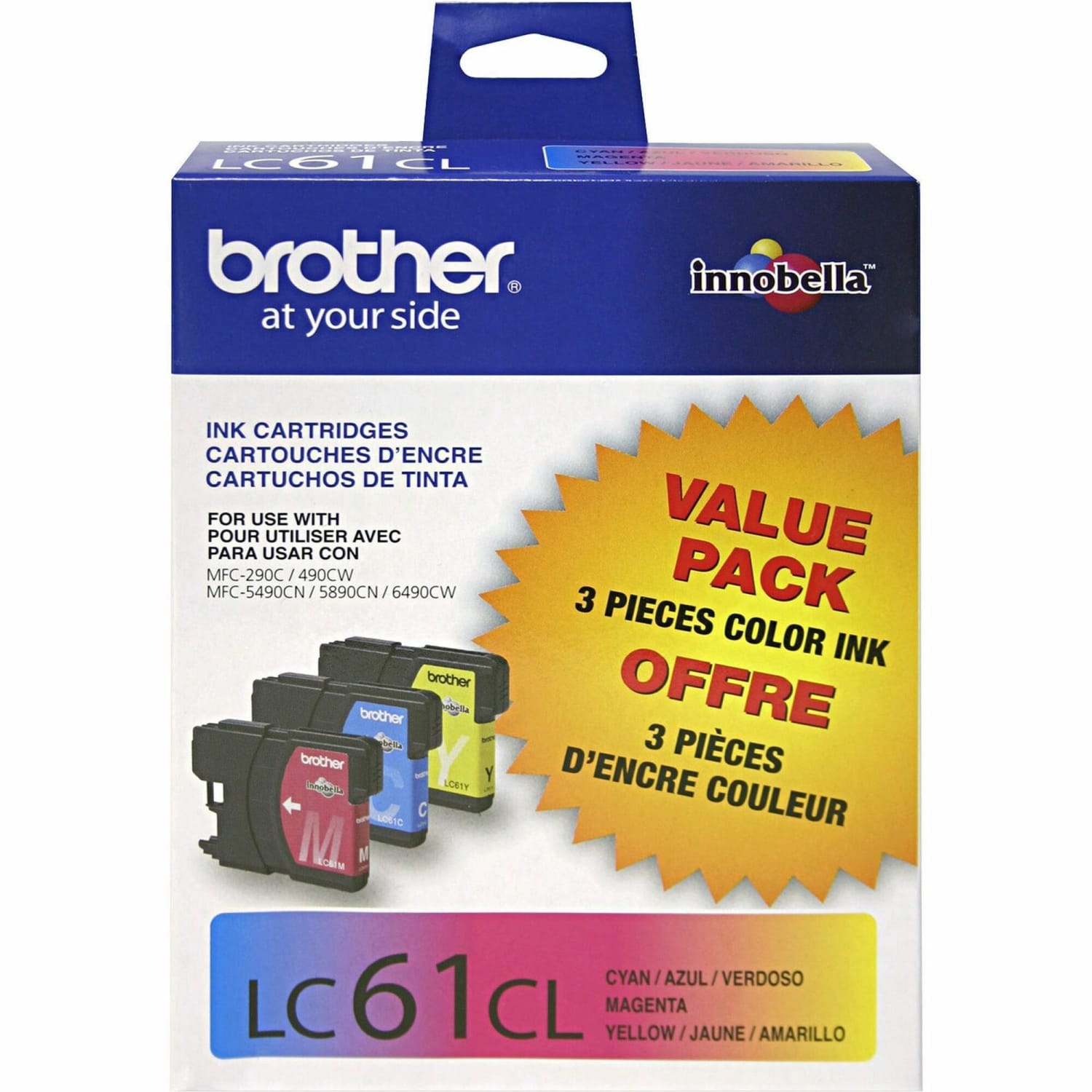 Brother LC61 Cyan, Magenta, Yellow Ink Cartridges, Pack Of 3, LC61CMY - Image 3