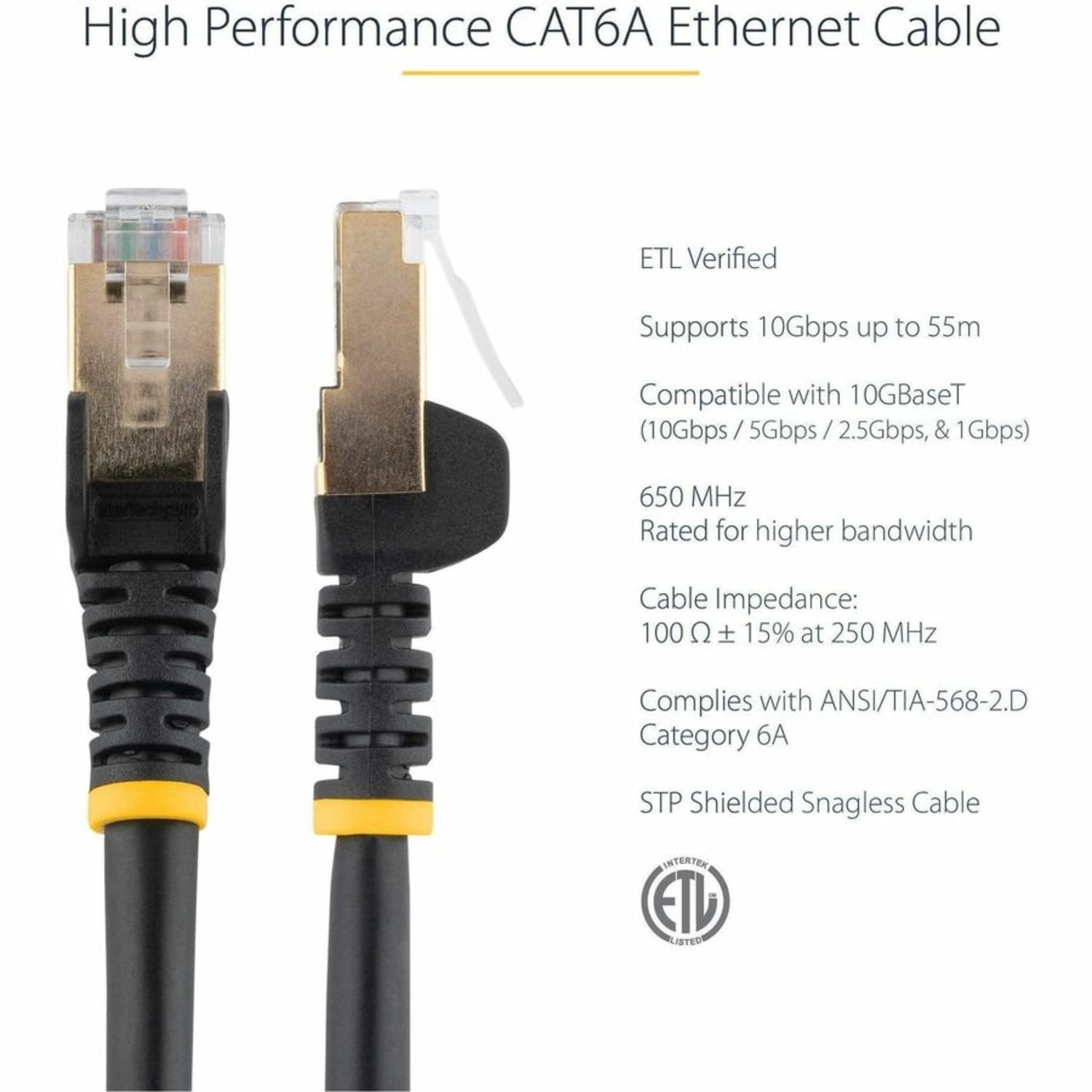 StarTech.com 30ft Black Cat6a Shielded Patch Cable - Snagless RJ45 - Long Ethernet Cord - First End: 1 x RJ-45 Male Network - Second End: 1 x RJ-45 Male Network - 1.25 GB/s - Patch Cable - Shielding - Gold Plated Connector - Black - Image 3