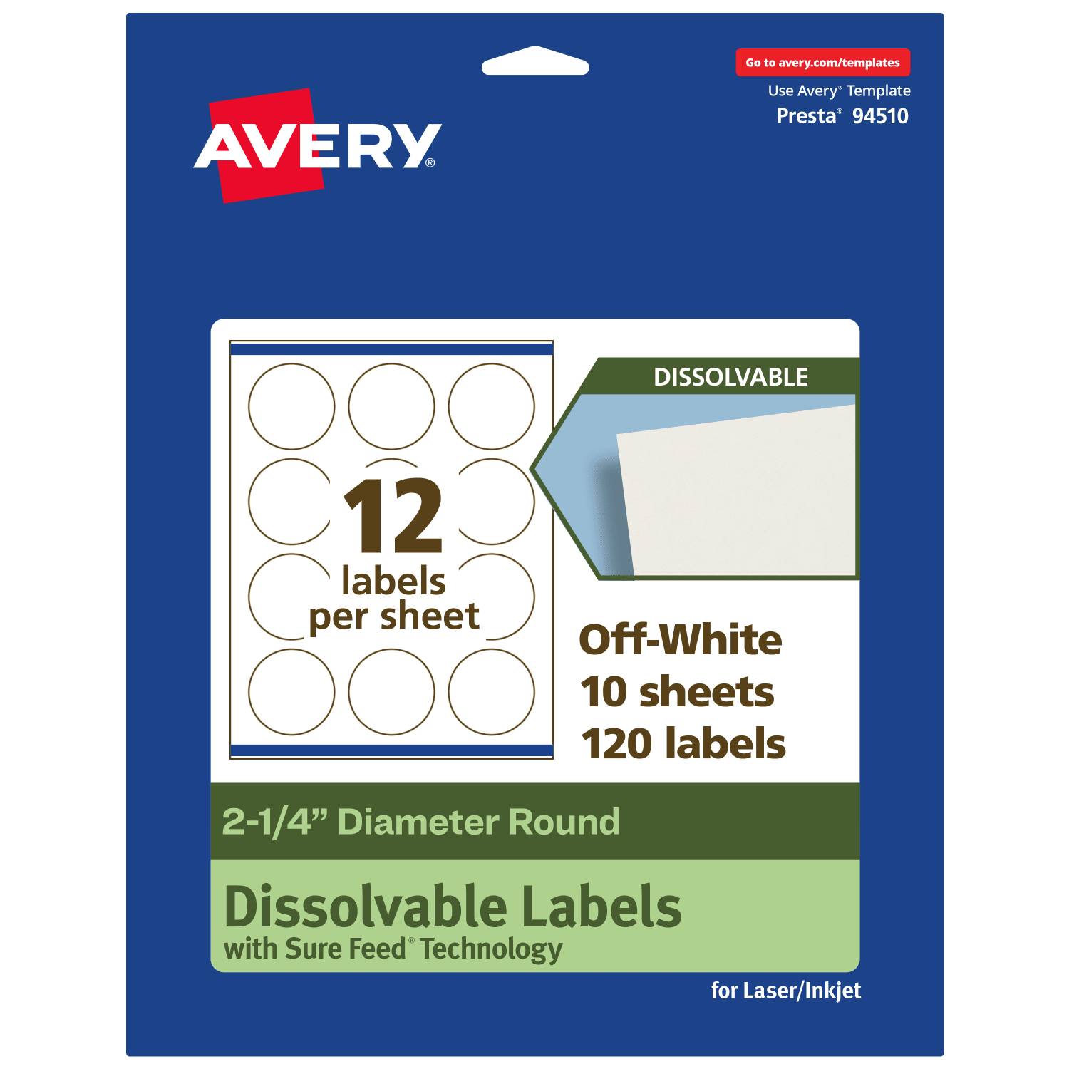 Avery Print-to-the-Edge Dissolvable Labels With Sure Feed Technology, 94510-DWMP10, Round, 2-1/4in, Matte Off-White, Pack Of 120