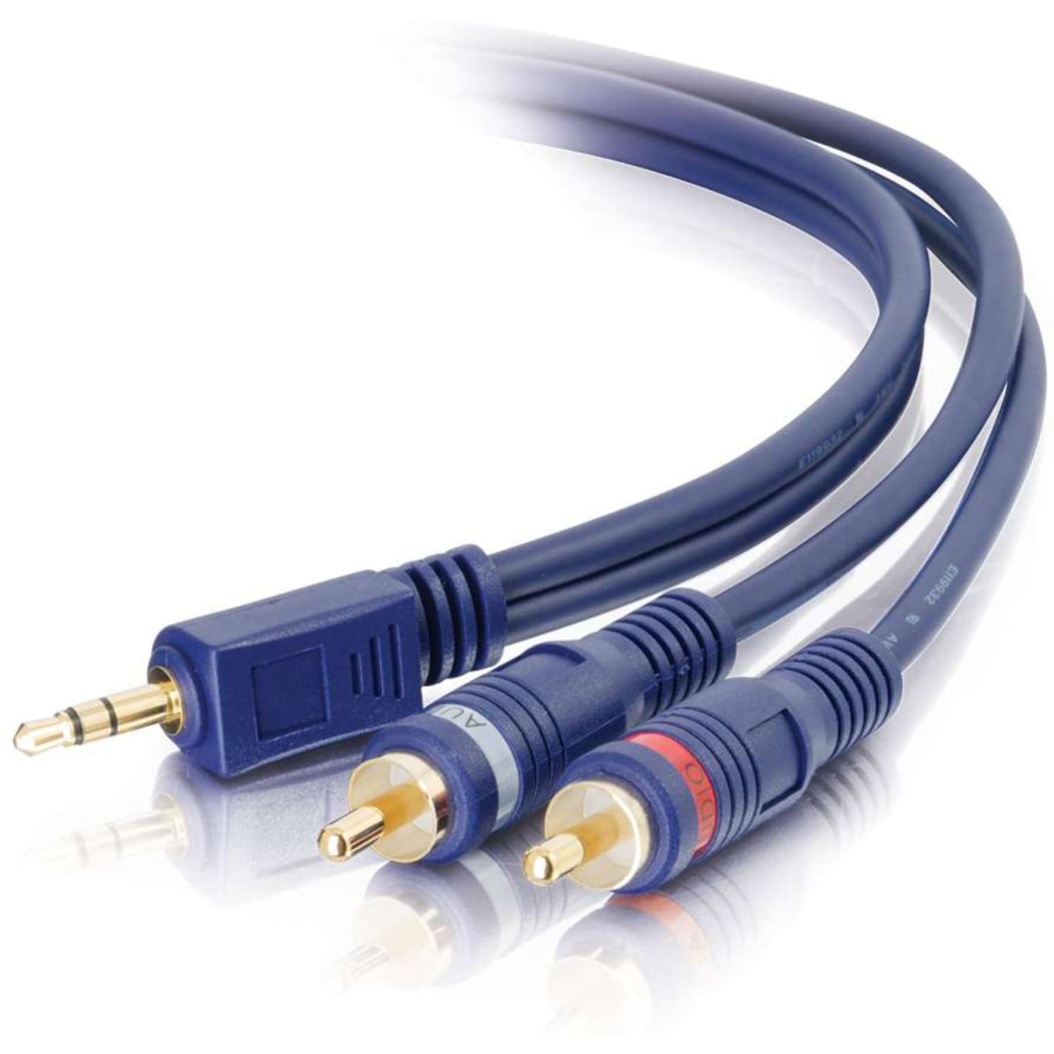 C2G 6ft Velocity One 3.5mm Stereo Male to Two RCA Stereo Male Y-Cable - Mini-phone Male - RCA Male - 6ft - Blue - Image 3