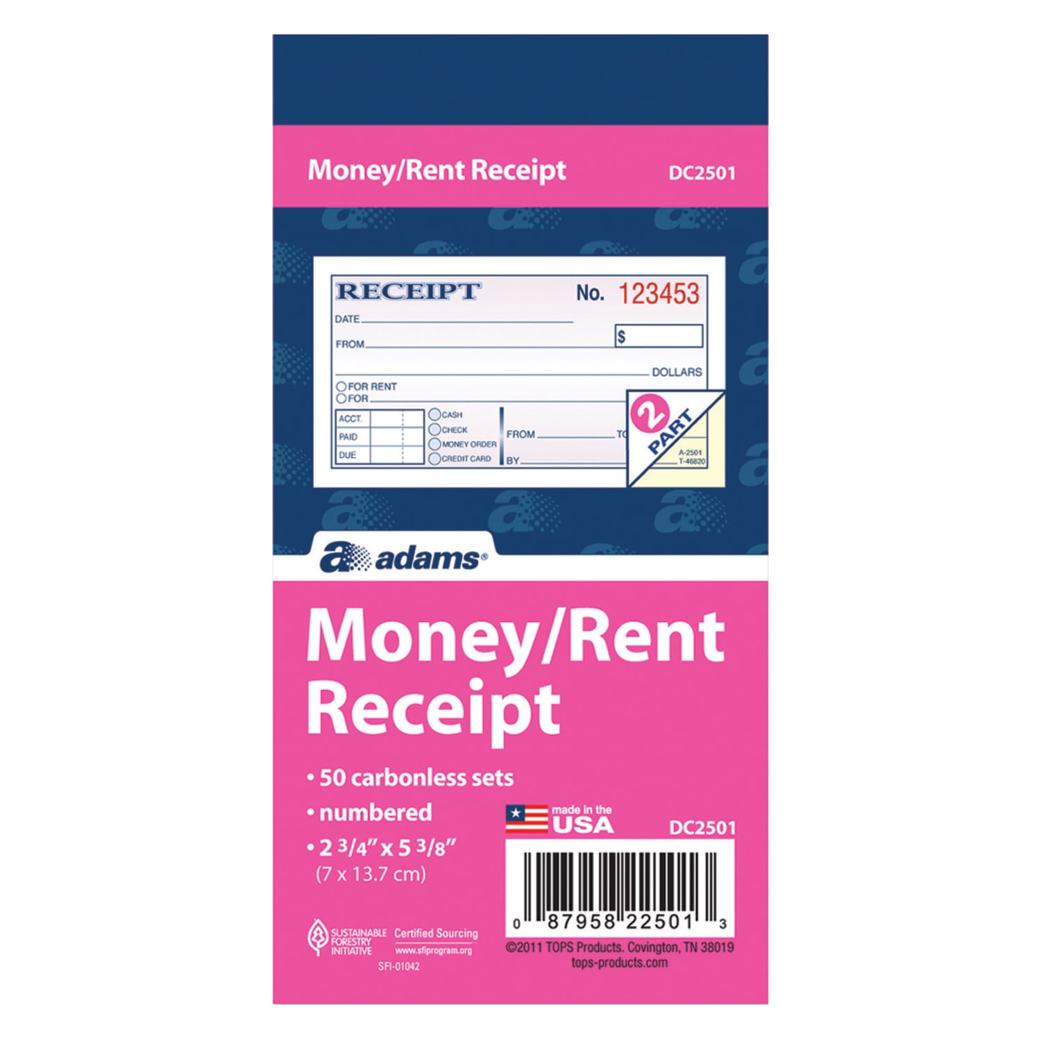 Adams Money/Rent Receipt Book, 5 3/8in x 2 3/4in, 2-Part, Carbonless, 50 Set Book - Image 3