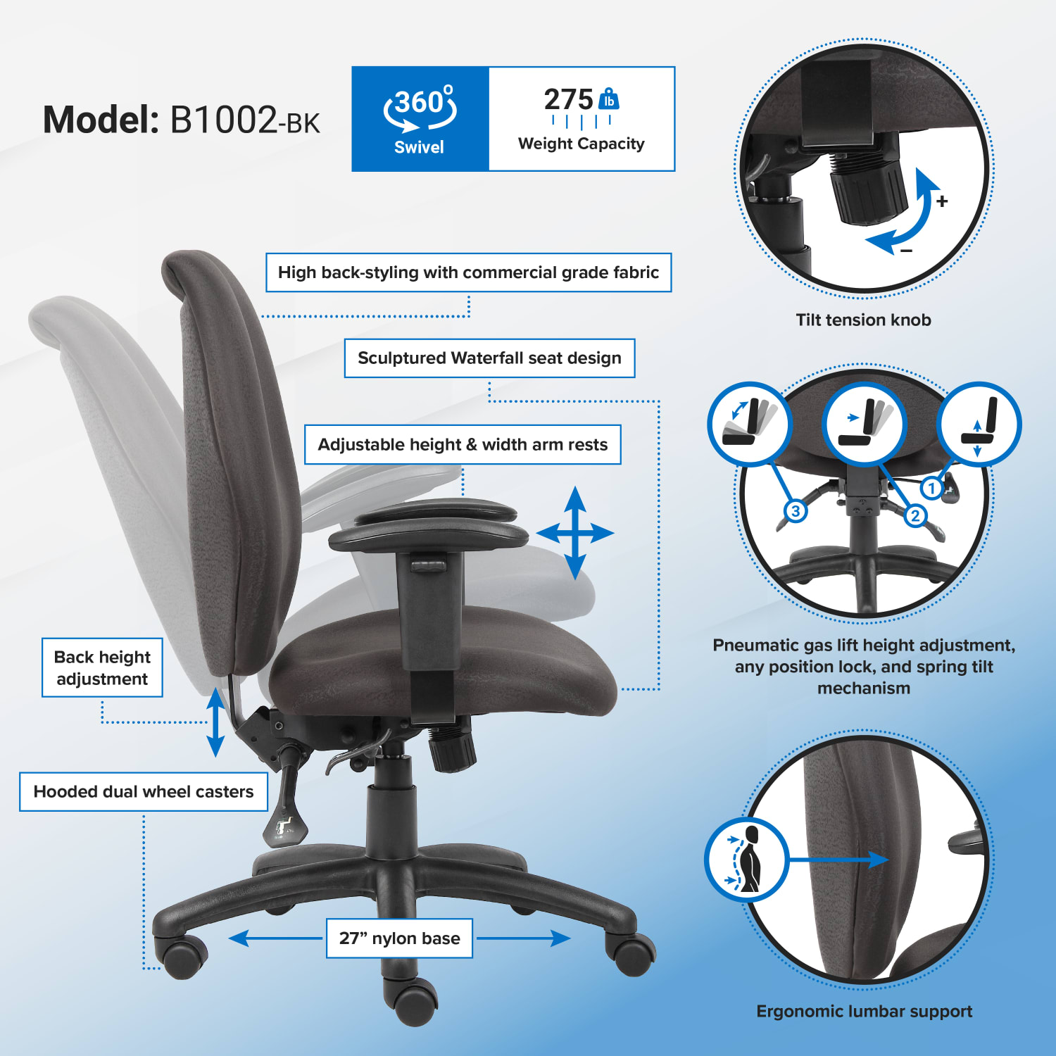 Boss Office Products Ergonomic Fabric High-Back Task Chair, Black - Image 7