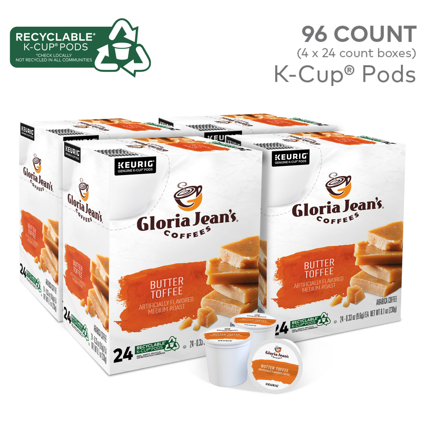 Gloria Jeans Butter Toffee Keurig Single-Serve K-Cup Pods, Medium Roast, 24 Pods Per Pack, Case Of 4 Packs - Image 3