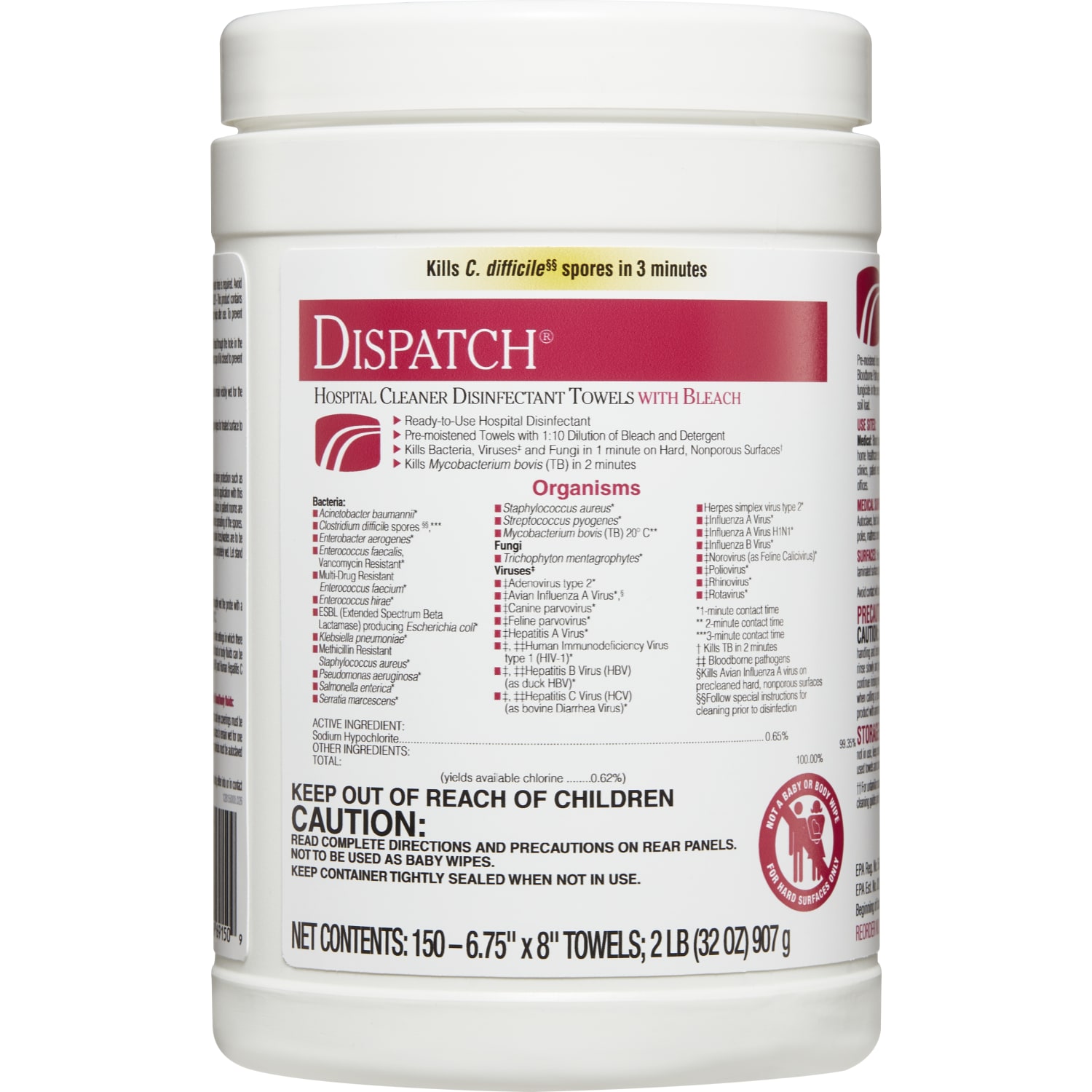 Clorox Healthcare Dispatch Hospital Cleaner Disinfectant Towels With Bleach, Unscented, 6-3/4in x 8in, 150 Towels Per Canister, Pack Of 8 Canisters - Image 4