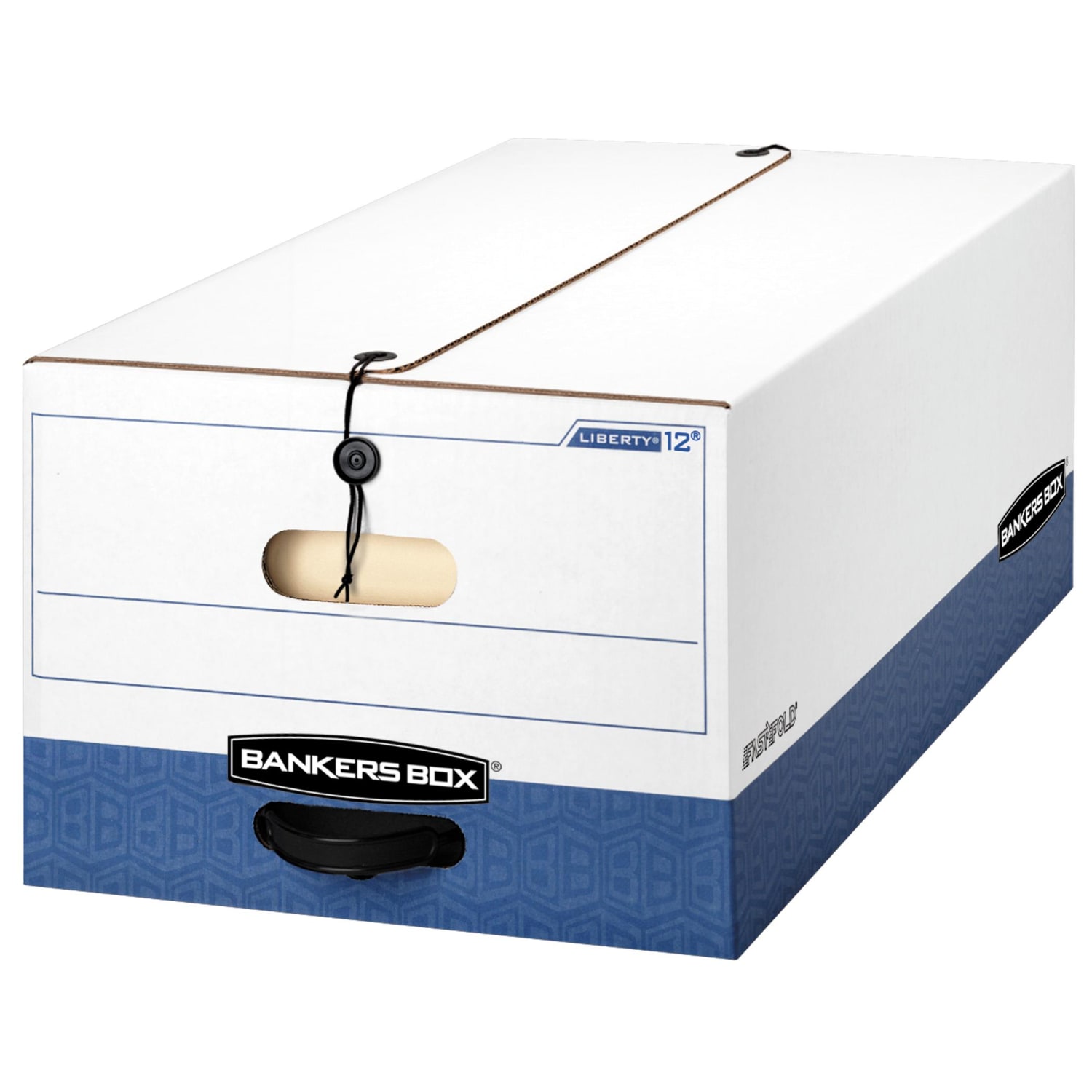 Bankers Box Liberty FastFold Heavy-Duty Storage Boxes, Legal Size, 24in x 15in x 10in, White/Blue, Case Of 4 - 001203