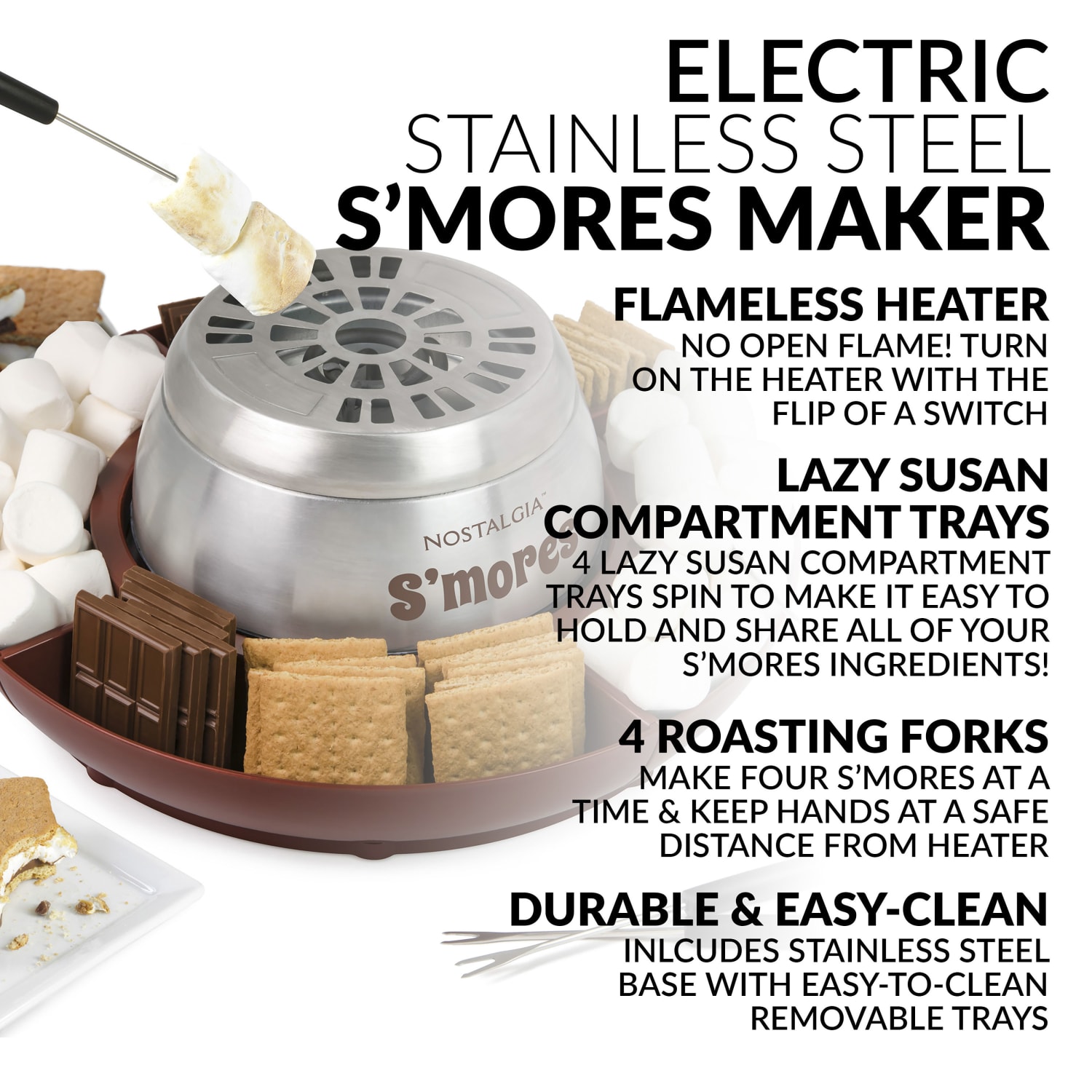 Nostalgia Electrics Indoor Electric Stainless-Steel Smores Maker With 4 Lazy Susan Compartment Trays, Brown - Image 3