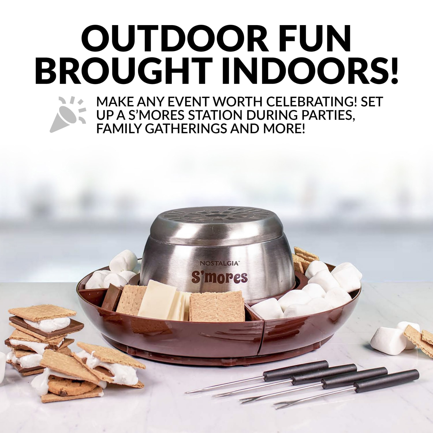 Nostalgia Electrics Indoor Electric Stainless-Steel Smores Maker With 4 Lazy Susan Compartment Trays, Brown - Image 4