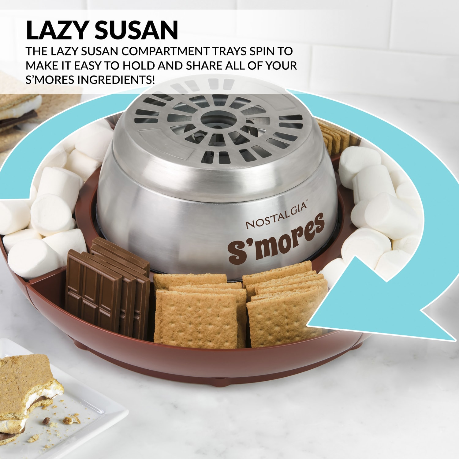 Nostalgia Electrics Indoor Electric Stainless-Steel Smores Maker With 4 Lazy Susan Compartment Trays, Brown - Image 6