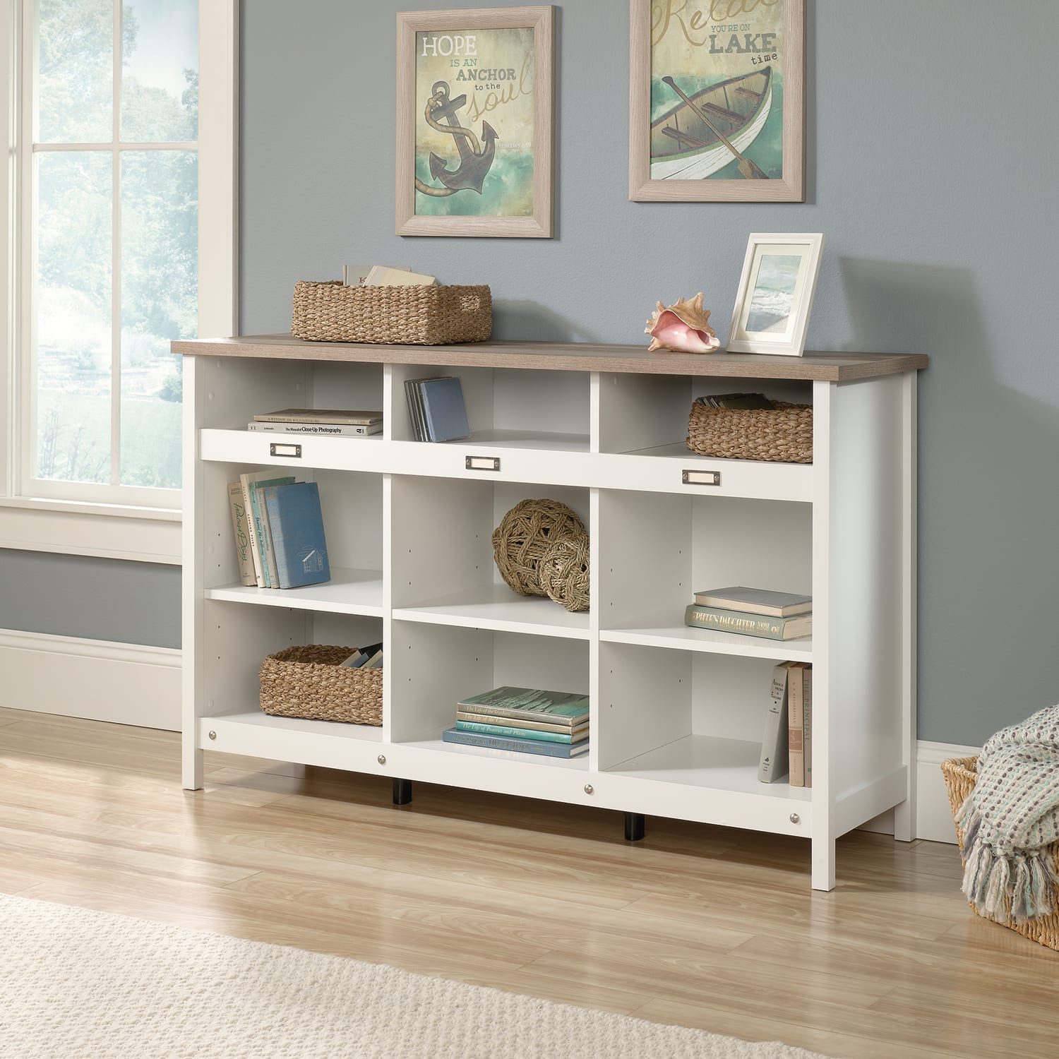 Sauder Adept 37inH Storage 9-Shelf Bookcase Credenza, Lintel Oak/Soft White - Image 4