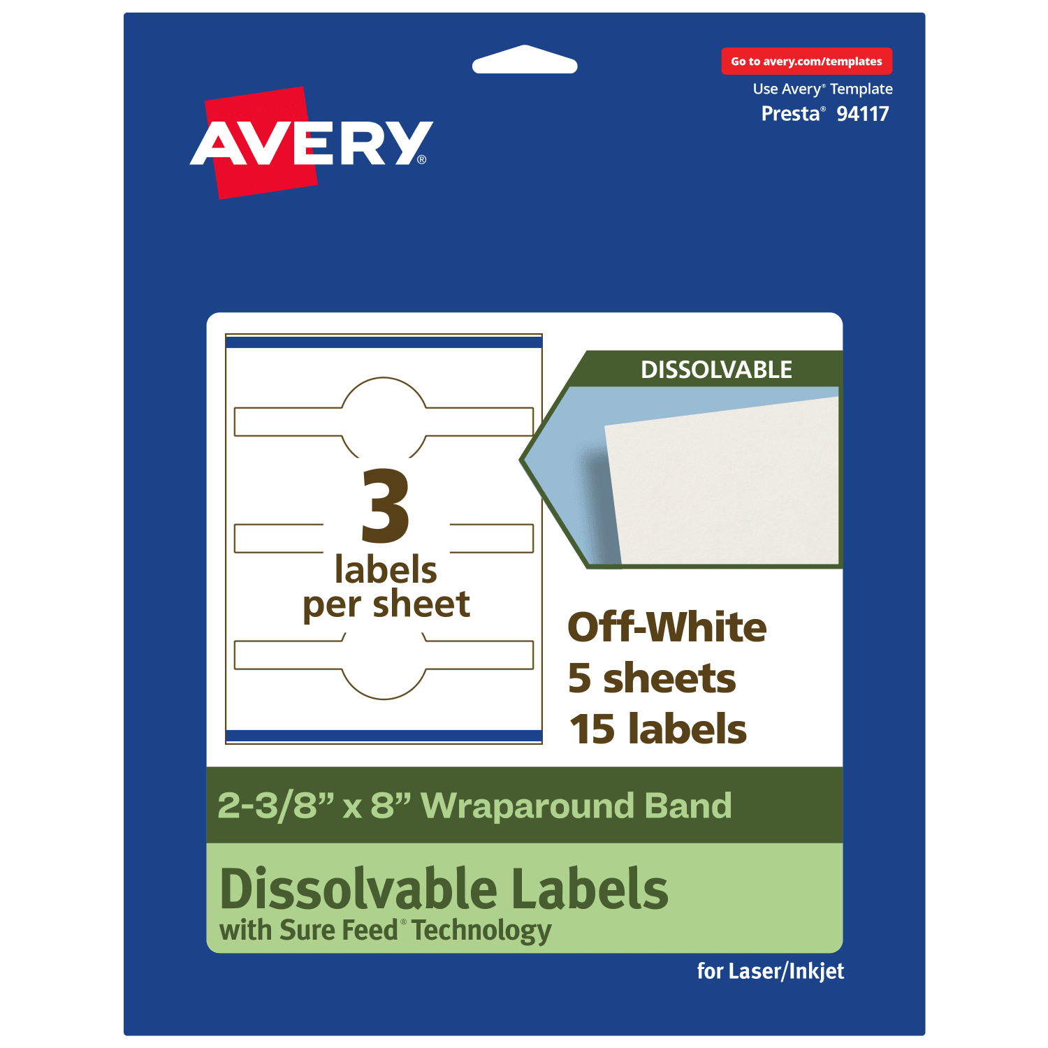 Avery Dissolvable Labels With Sure Feed Technology, 94117-DWMP5, Cigar, 2-3/8inx8in, Matte Off-White, Pack Of 15