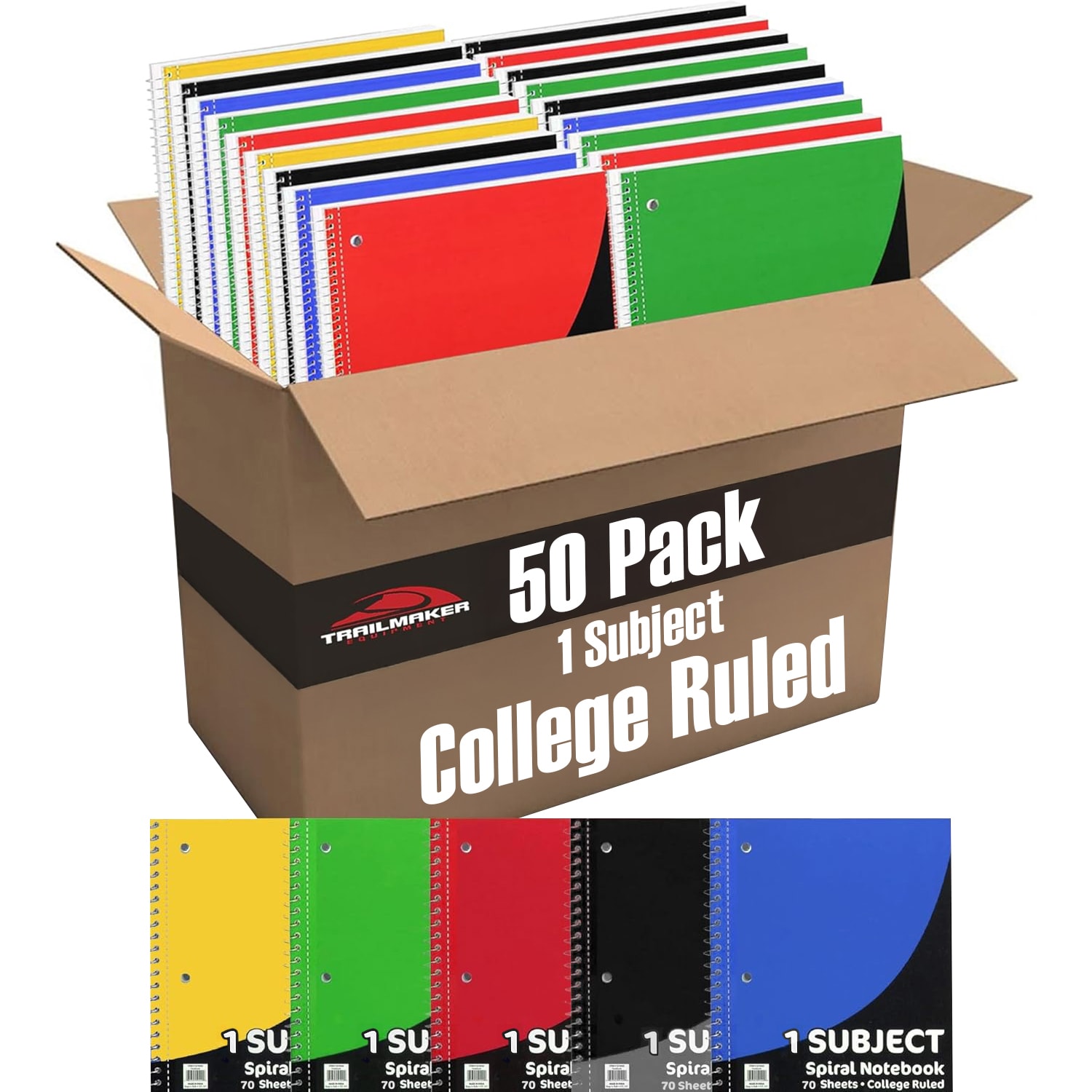 Trailmaker Notebooks, 8in x 10-1/2in, 1 Subject, College Ruled, 70 Sheets, Assorted Colors, Pack Of 50 Notebooks