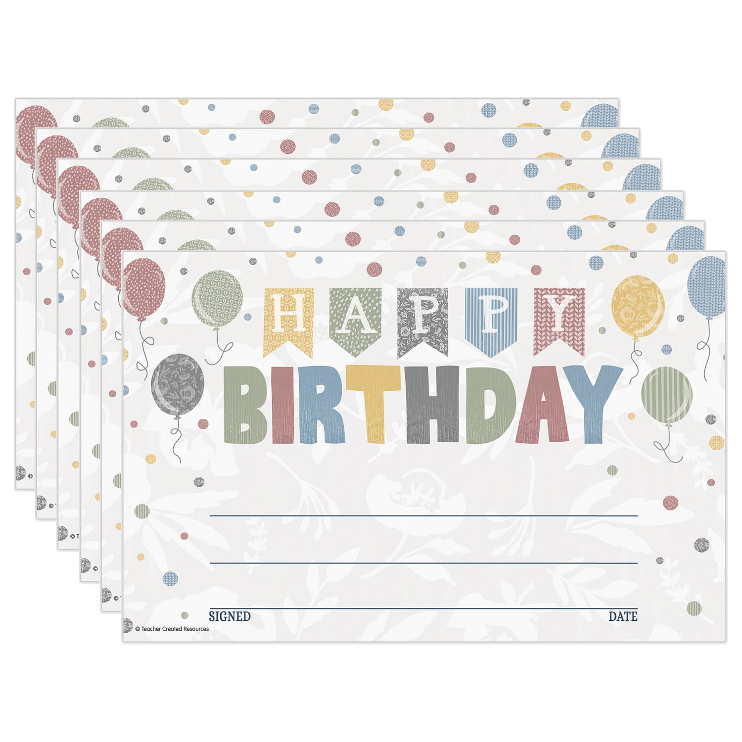Teacher Created Resources Awards, 5-1/2in x 8-1/2in, Classroom Cottage Happy Birthday, 30 Awards Per Pack, Bundle Of 6 Packs