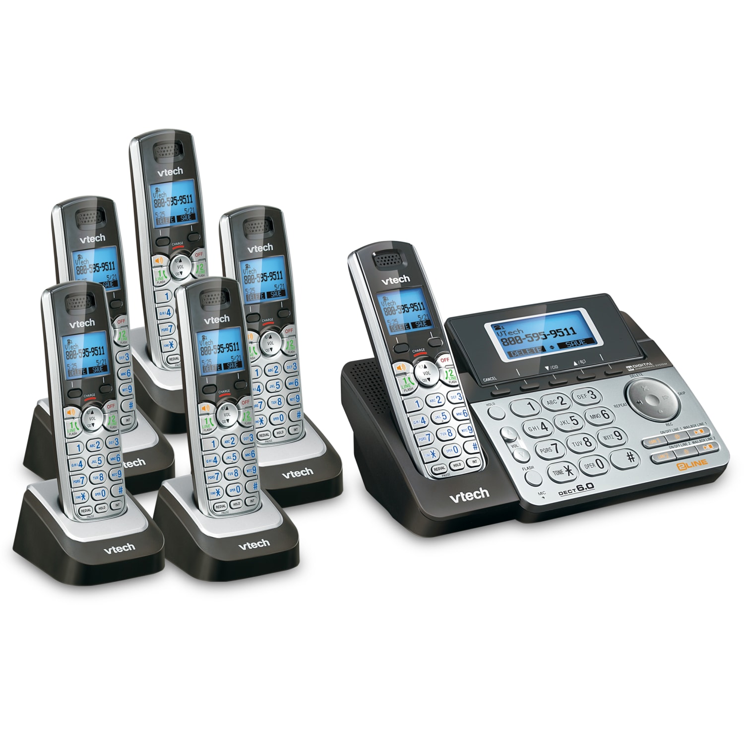 VTech DS6151 DECT 6.0 Expandable 2-Line Phone System Plus 6 DS6101 Cordless Handsets - Image 3