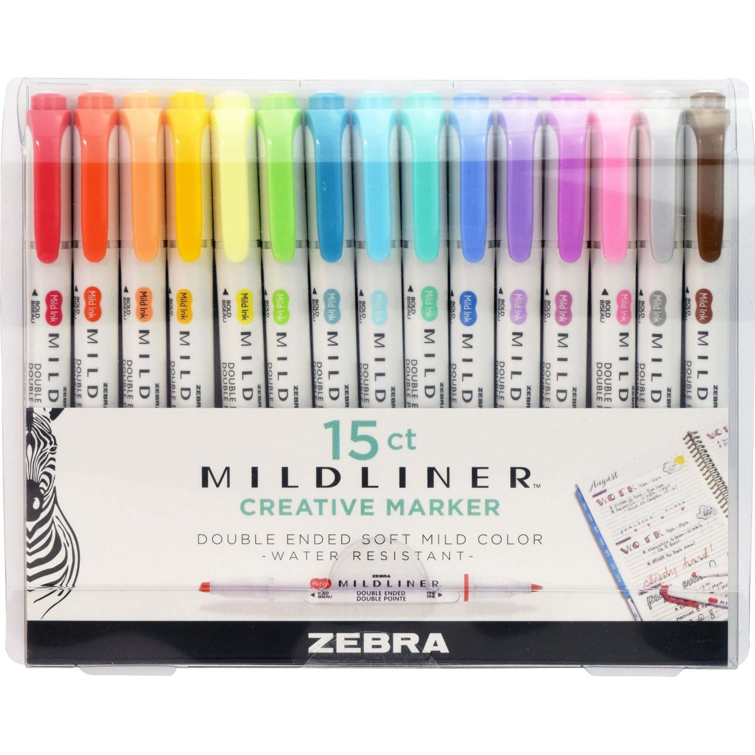 Zebra Pen MILDLINER Double-Ended Creative Markers, Pack Of 15, Chisel/Fine Point, Assorted Ink Colors