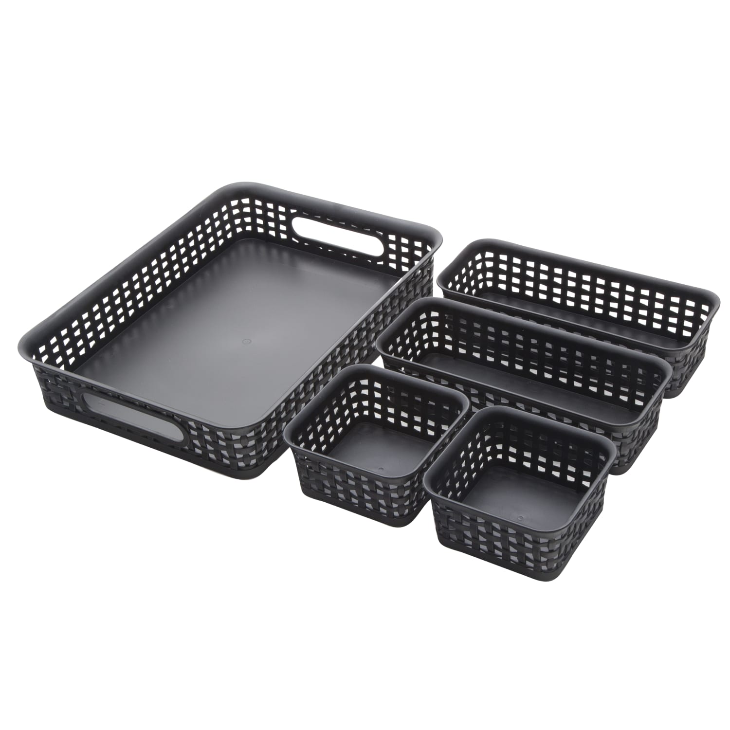 Realspace Plastic Weave Bin Set, Assorted Sizes, Black, Pack Of 5