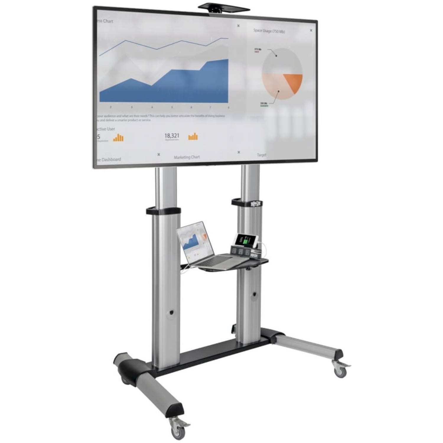 Eaton Tripp Lite Series Heavy-Duty Rolling TV Stand, Height Adjustable, 60in - 100in Screens - Cart - for flat panel / whiteboard / notebook / AV equipment - aluminum, steel - black, silver - screen size: 60in-100in - Image 6