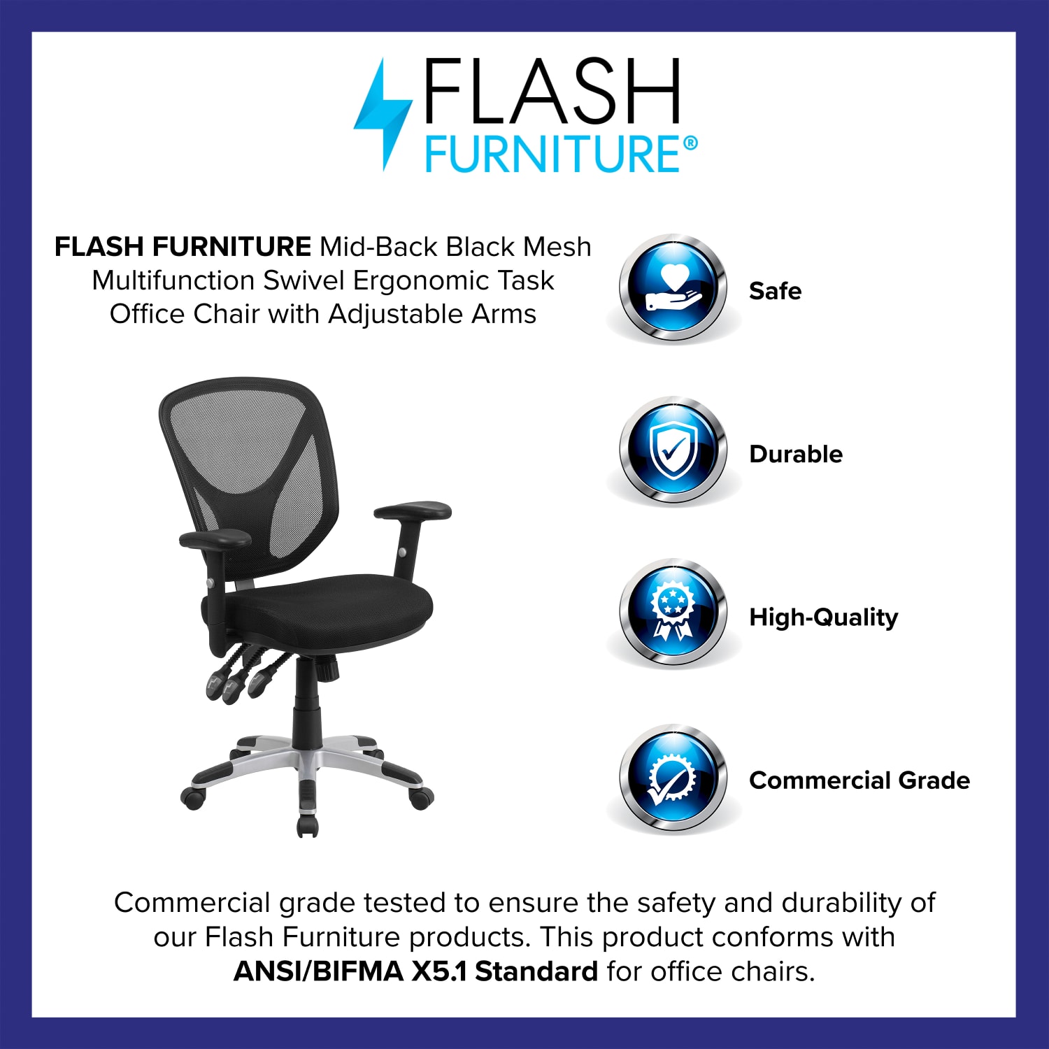 Flash Furniture Mesh Mid-Back Swivel Task Chair With Adjustable Arms, Black/Silver - Image 5
