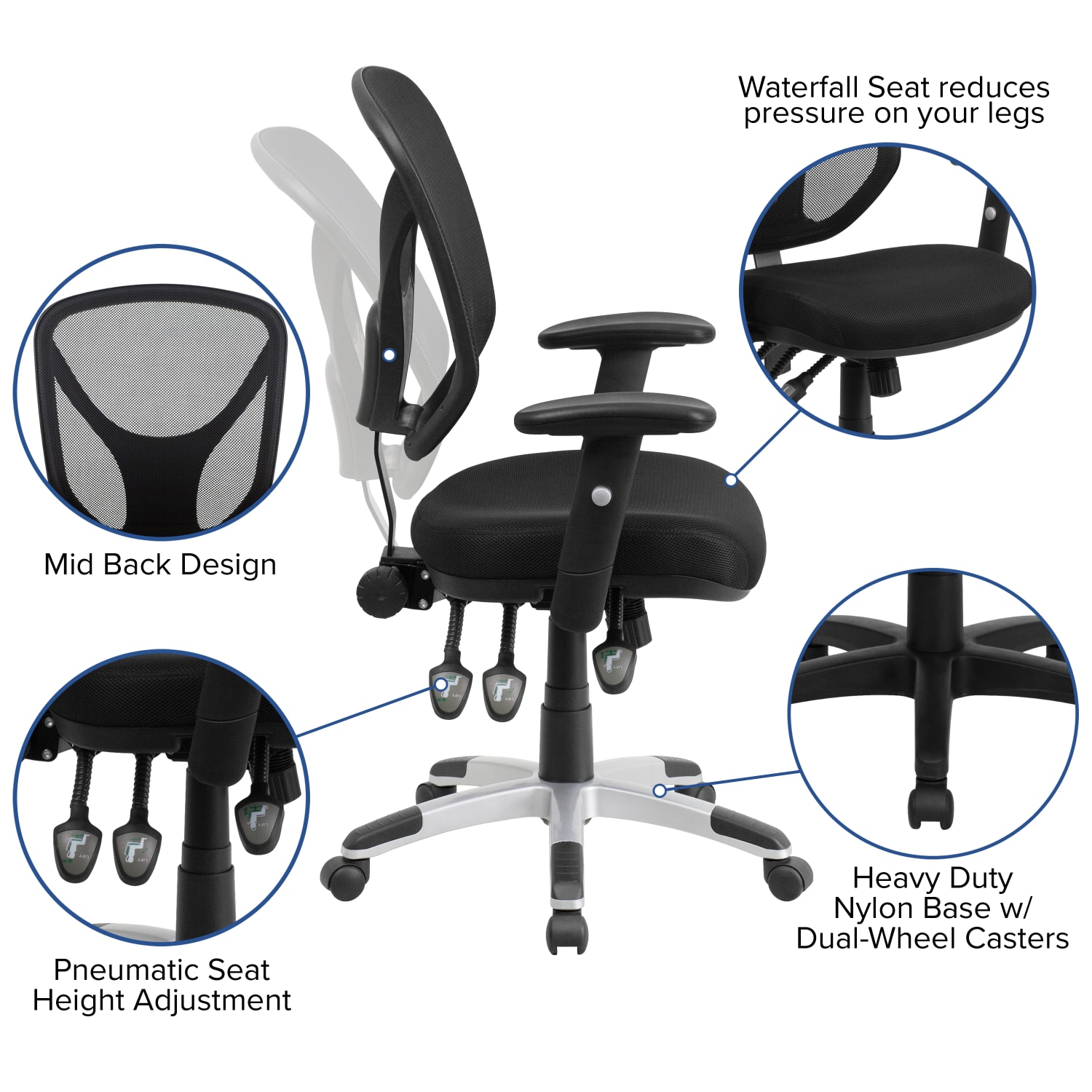 Flash Furniture Mesh Mid-Back Swivel Task Chair With Adjustable Arms, Black/Silver - Image 7