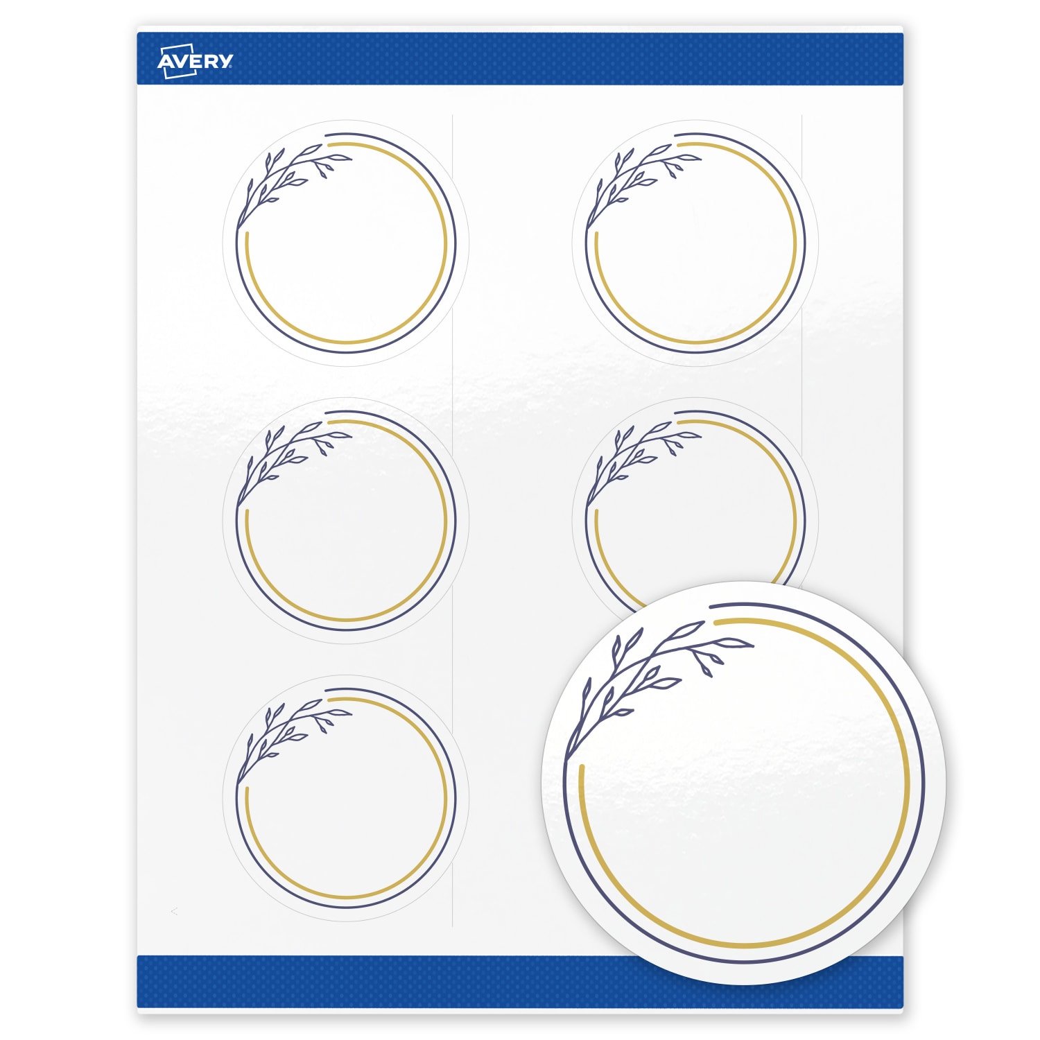 Avery Print-To-The-Edge Labels & Sure Feed, S00-DNG-PRWGP10, 3in Round, Glossy White, Preprinted Gold & Navy Border & Floral Design, Pack Of 60 - Image 3